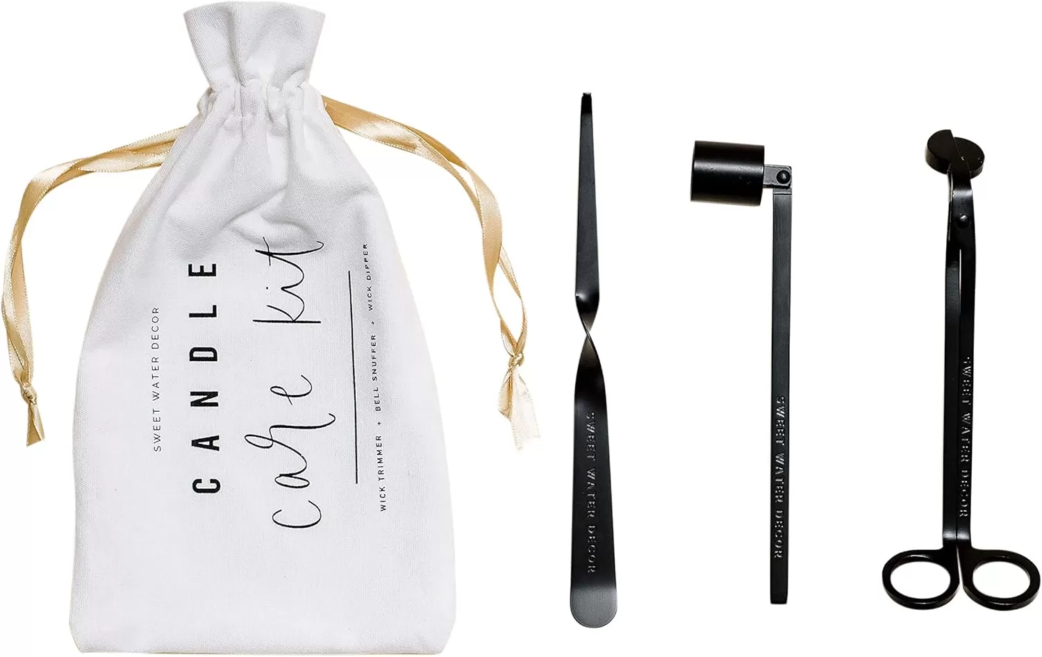 imageSweet Water Decor Candle Care Kit  Golden Candle Accessory Set Includes Wick Trimmer Wick Dipper and Bell Snuffer Tools with Drawstring Bag for Candle Lovers GoldMatte Black
