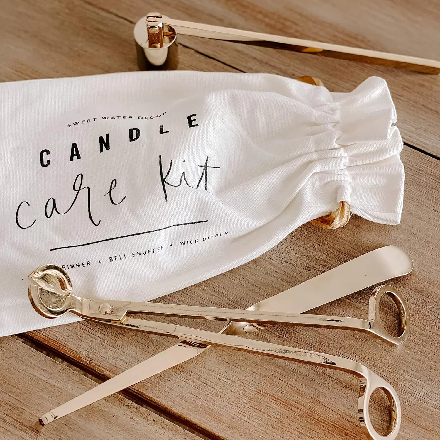 imageSweet Water Decor Candle Care Kit  Golden Candle Accessory Set Includes Wick Trimmer Wick Dipper and Bell Snuffer Tools with Drawstring Bag for Candle Lovers GoldGold