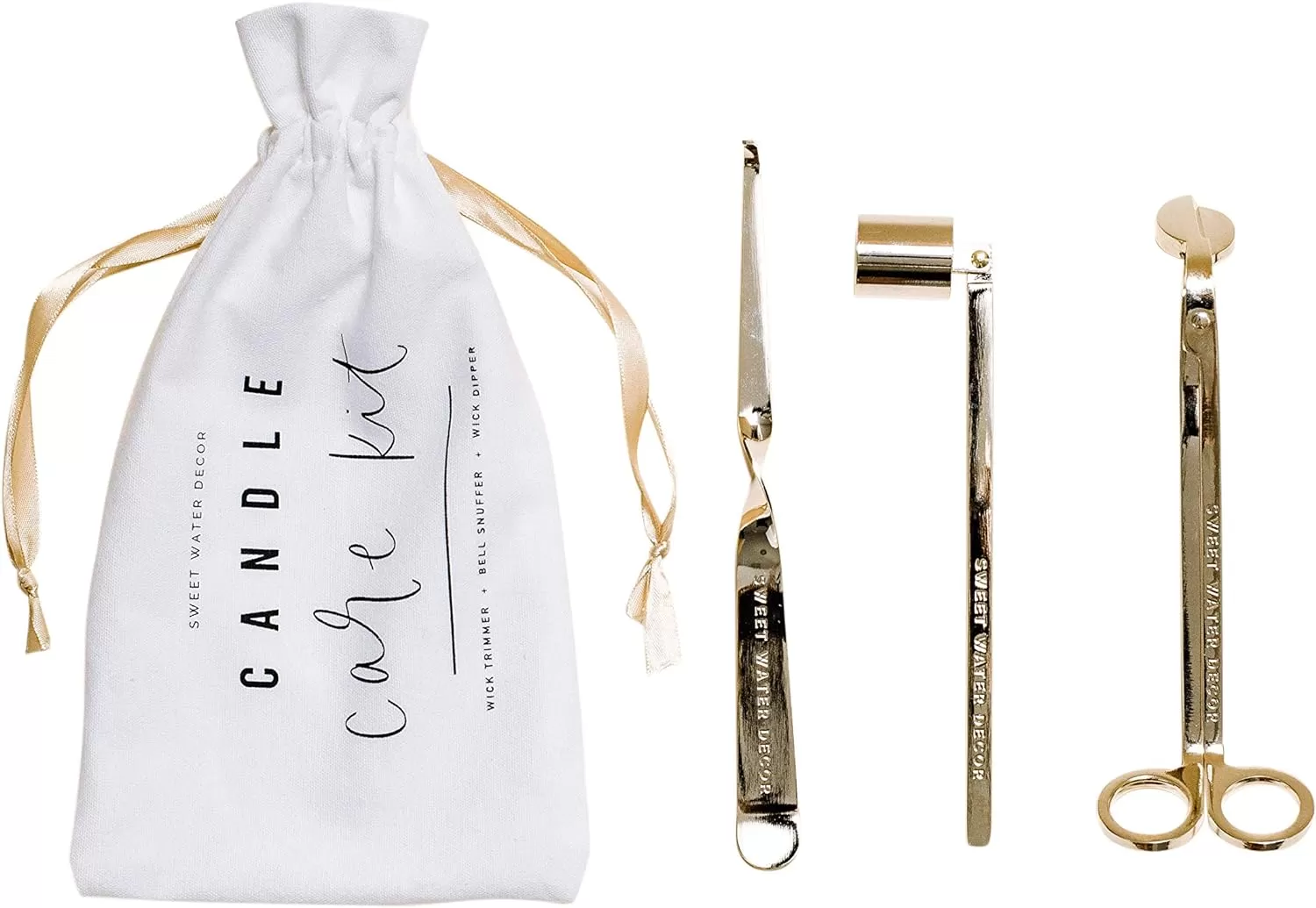 imageSweet Water Decor Candle Care Kit  Golden Candle Accessory Set Includes Wick Trimmer Wick Dipper and Bell Snuffer Tools with Drawstring Bag for Candle Lovers GoldGold