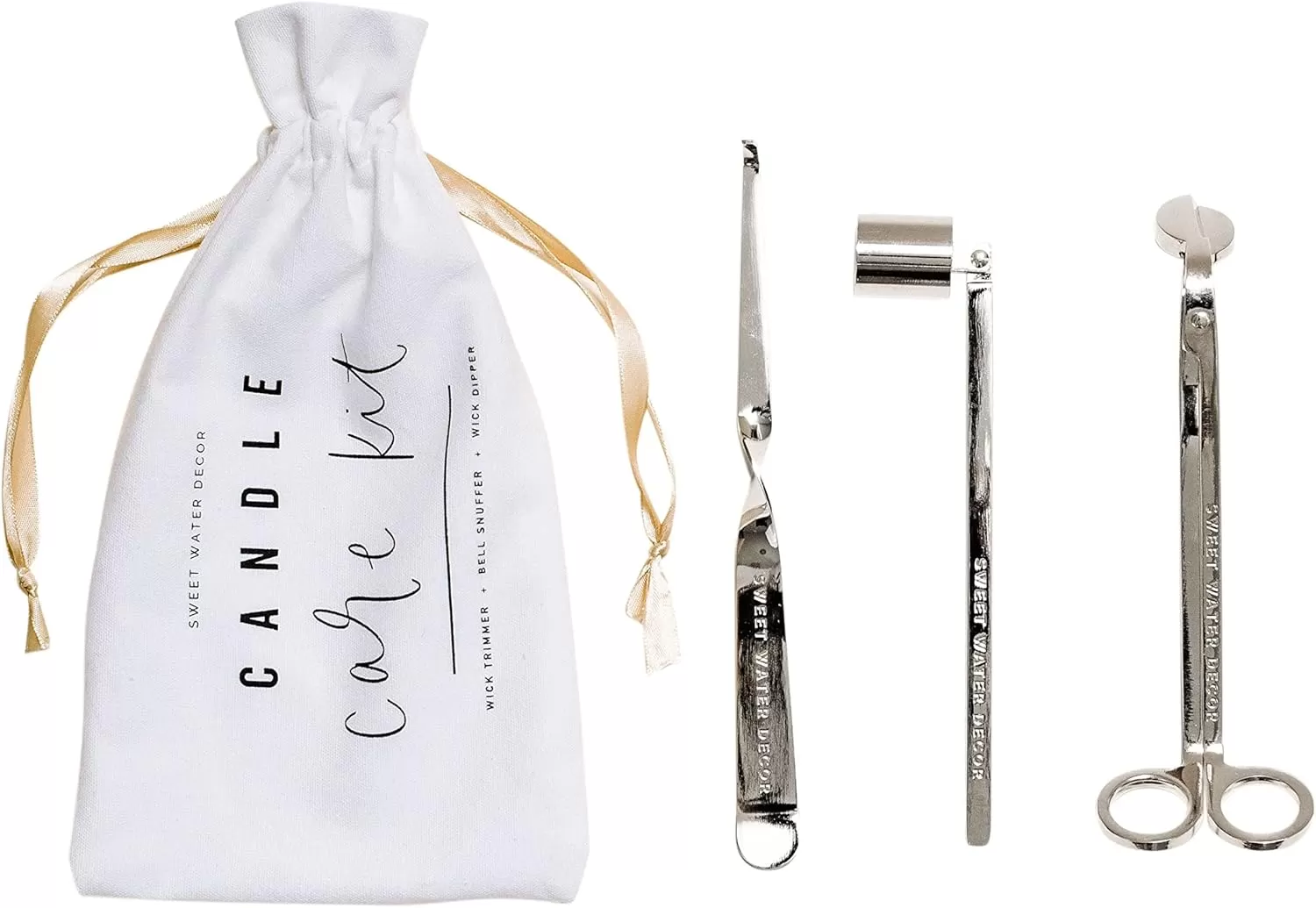 imageSweet Water Decor Candle Care Kit  Golden Candle Accessory Set Includes Wick Trimmer Wick Dipper and Bell Snuffer Tools with Drawstring Bag for Candle Lovers GoldSilver