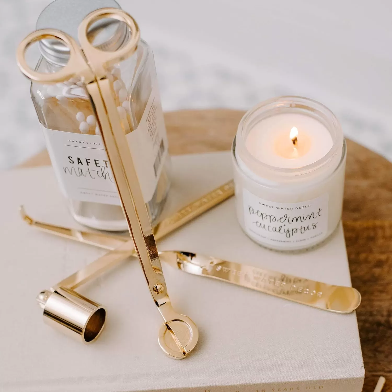 imageSweet Water Decor Candle Care Kit  Golden Candle Accessory Set Includes Wick Trimmer Wick Dipper and Bell Snuffer Tools with Drawstring Bag for Candle Lovers GoldGold
