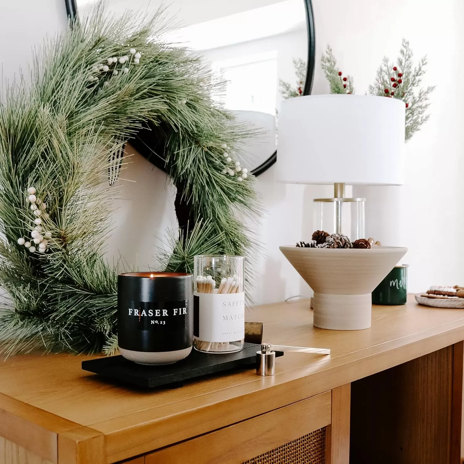 imageSweet Water Decor Christmas Candle  Apple Cider Cinnamon Fresh Cut Christmas Tree and Cookies Scented Soy Candle for Home  12oz Black Stoneware Jar 60 Hour Burn Time Made in the USAFraser Fir