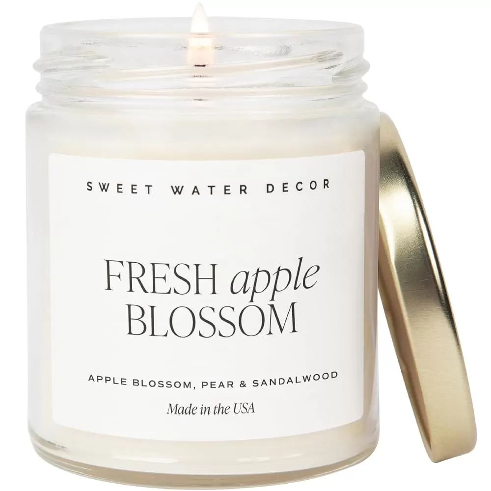 imageSweet Water Decor Christmas Candle  Cinnamon Trees Orange and Clove Scents  Christmas Candles and Decor for Home  9oz Clear Jar Soy Candle Made in the USAFresh Apple Blossom