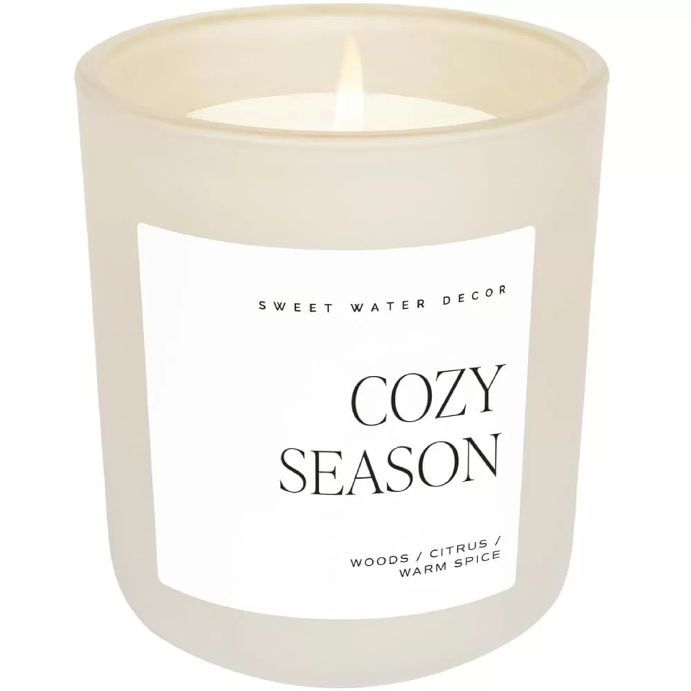 imageSweet Water Decor Cozy Season Soy Candle  Woods Warm Spice and Citrus Scented Candle for Home  15oz Tan Matte Jar 70 Hour Burn Time Made in the USA  Winter Candles for HomeTan