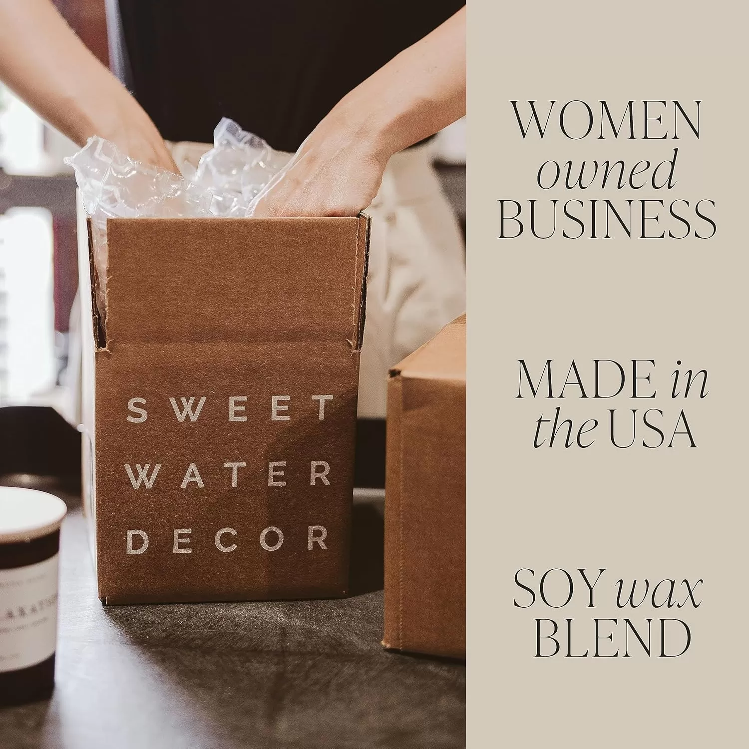 imageSweet Water Decor Cozy Season Soy Candle  Woods Warm Spice and Citrus Scented Candle for Home  15oz Tan Matte Jar 70 Hour Burn Time Made in the USA  Winter Candles for HomeTan