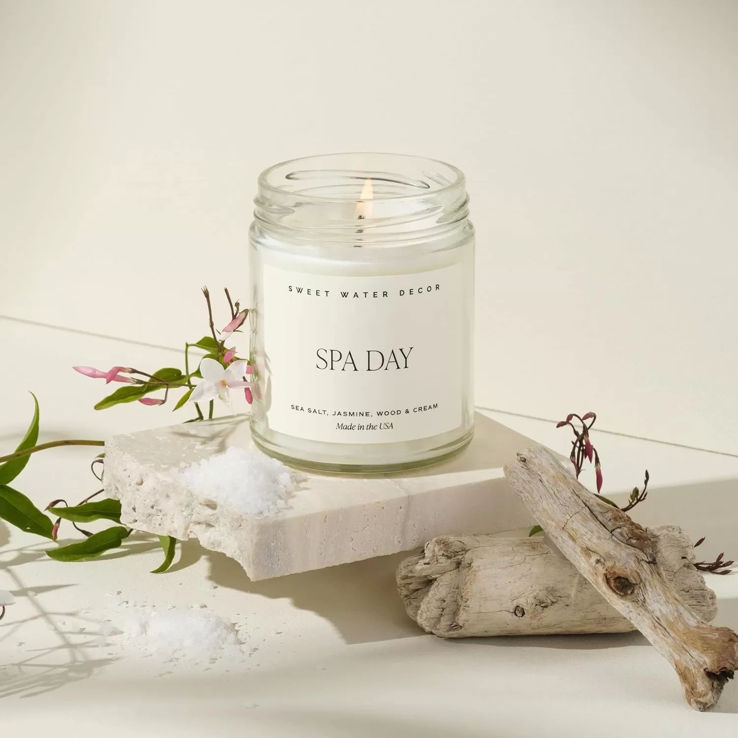 imageSweet Water Decor Driftwood and Mahogany Soy Candle  Warm Mahogany Fresh Lavender Geranium and Teakwood Scented Candles for Home  9oz Clear Jar  Gold Lid 40 Hour Burn Time Made in the USASpa Day