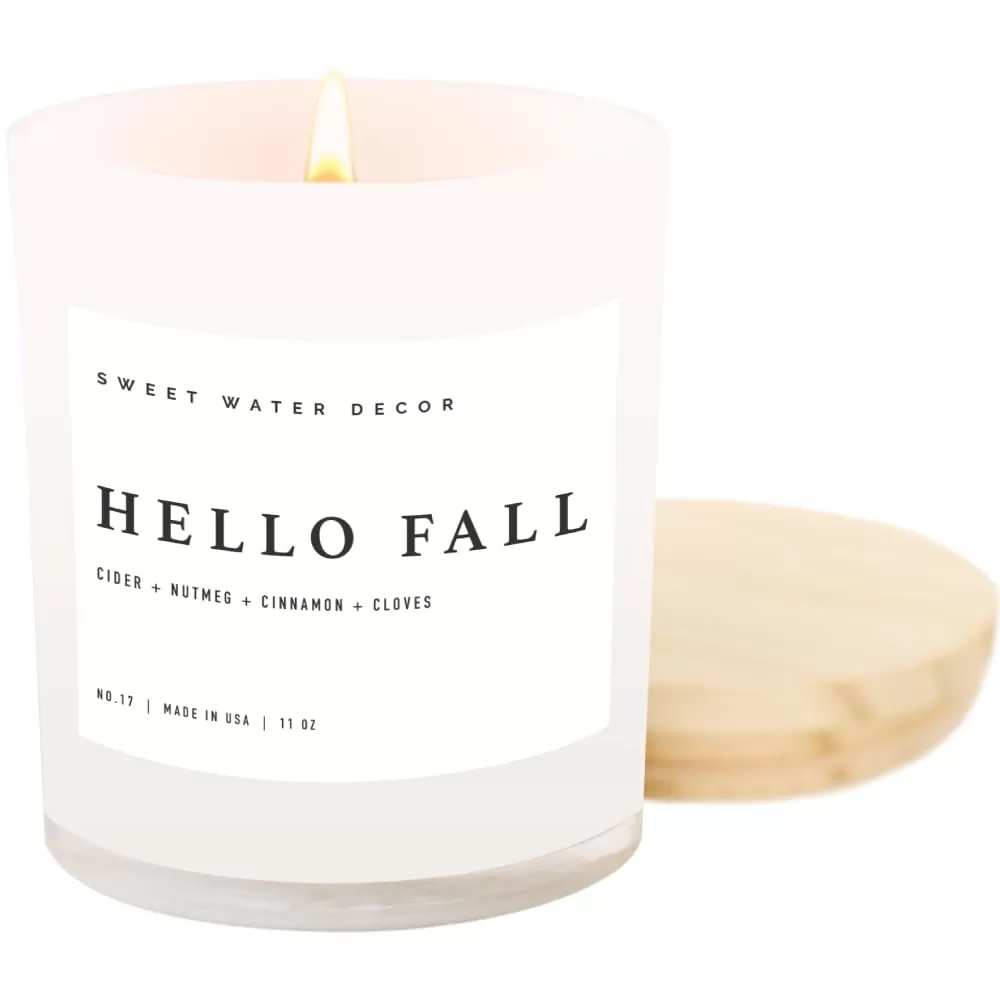 imageSweet Water Decor Farmhouse Candle  Autumn Cinnamon and Nutmeg Fall Scented Soy Candles for Home  11oz White Glass  Wood Lid 50 Hour Burn Time Made in the USAWhite