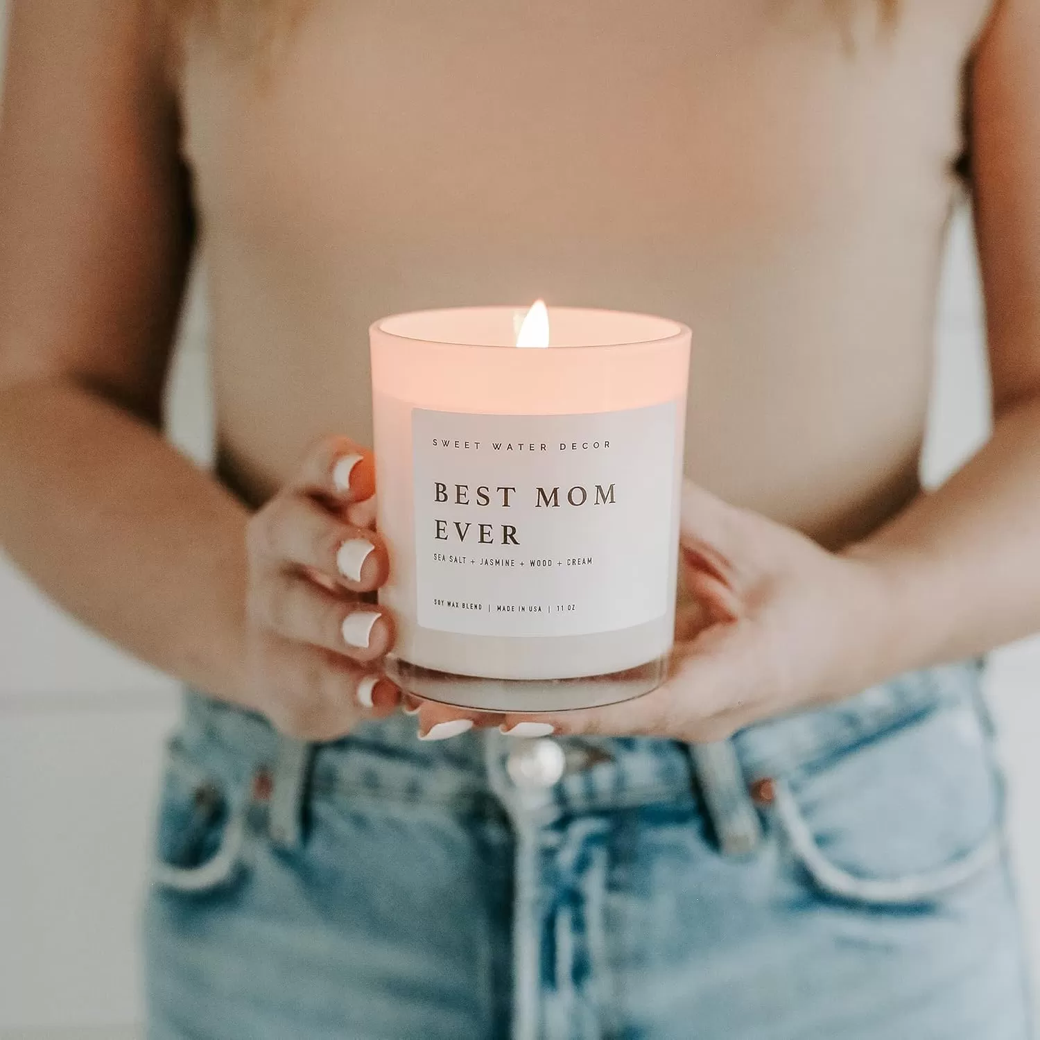 imageSweet Water Decor Farmhouse Candle  Autumn Cinnamon and Nutmeg Fall Scented Soy Candles for Home  11oz White Glass  Wood Lid 50 Hour Burn Time Made in the USAWhite