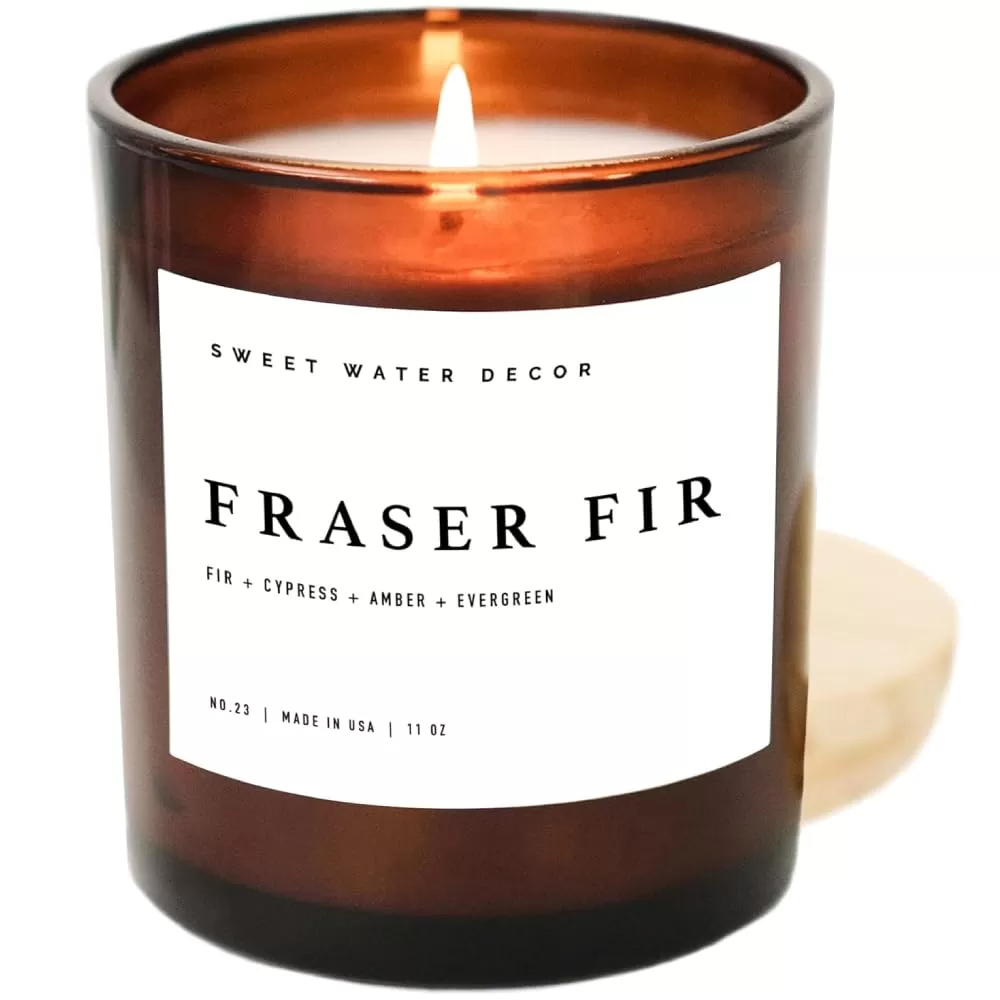 imageSweet Water Decor Farmhouse Candle  Autumn Cinnamon and Nutmeg Fall Scented Soy Candles for Home  11oz White Glass  Wood Lid 50 Hour Burn Time Made in the USAAmber