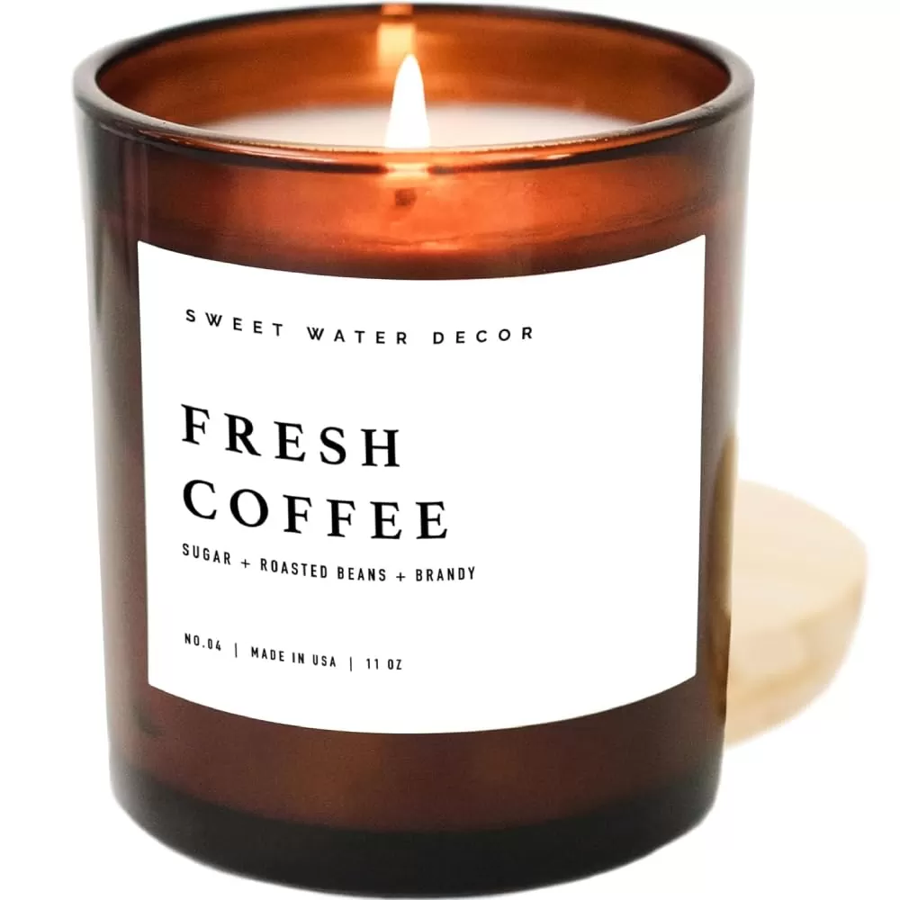 imageSweet Water Decor Farmhouse Candle  Autumn Cinnamon and Nutmeg Fall Scented Soy Candles for Home  11oz White Glass  Wood Lid 50 Hour Burn Time Made in the USAAmber