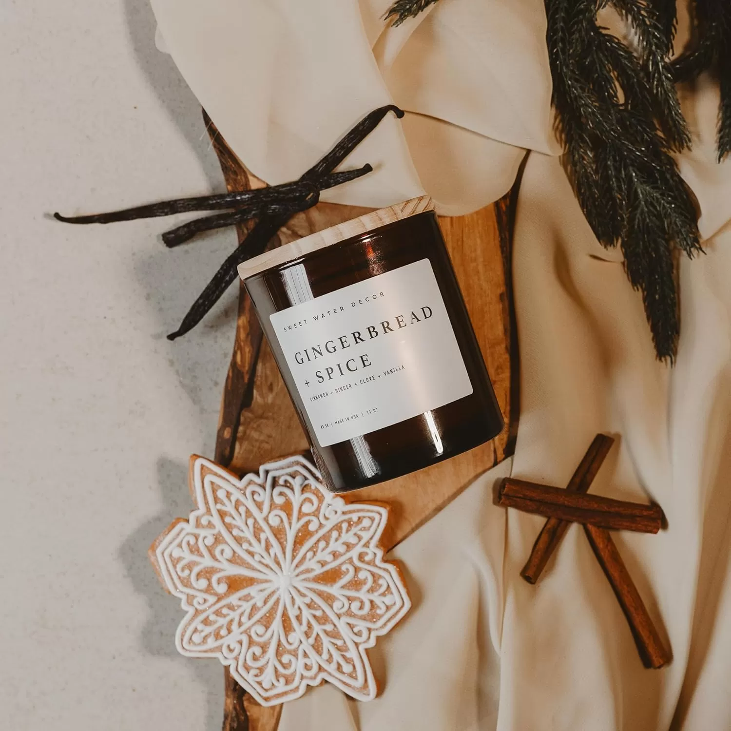imageSweet Water Decor Farmhouse Candle  Autumn Cinnamon and Nutmeg Fall Scented Soy Candles for Home  11oz White Glass  Wood Lid 50 Hour Burn Time Made in the USAAmber