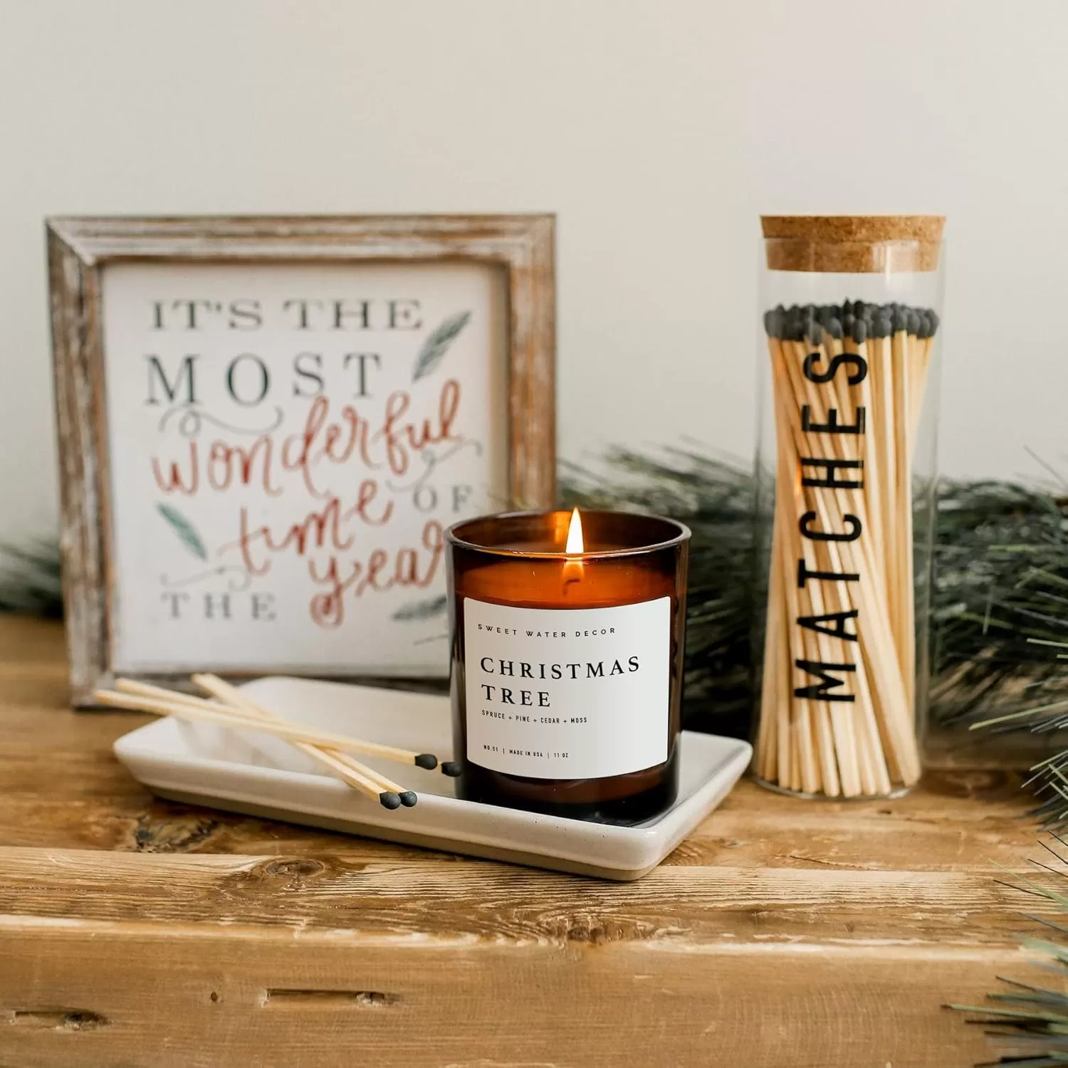imageSweet Water Decor Farmhouse Candle  Autumn Cinnamon and Nutmeg Fall Scented Soy Candles for Home  11oz White Glass  Wood Lid 50 Hour Burn Time Made in the USAAmber
