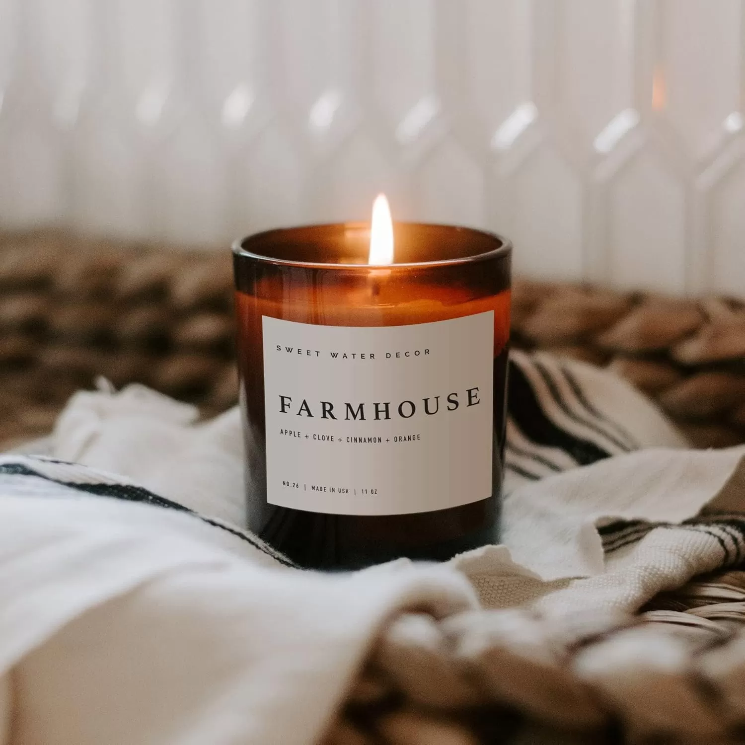 imageSweet Water Decor Farmhouse Candle  Autumn Cinnamon and Nutmeg Fall Scented Soy Candles for Home  11oz White Glass  Wood Lid 50 Hour Burn Time Made in the USAAmber
