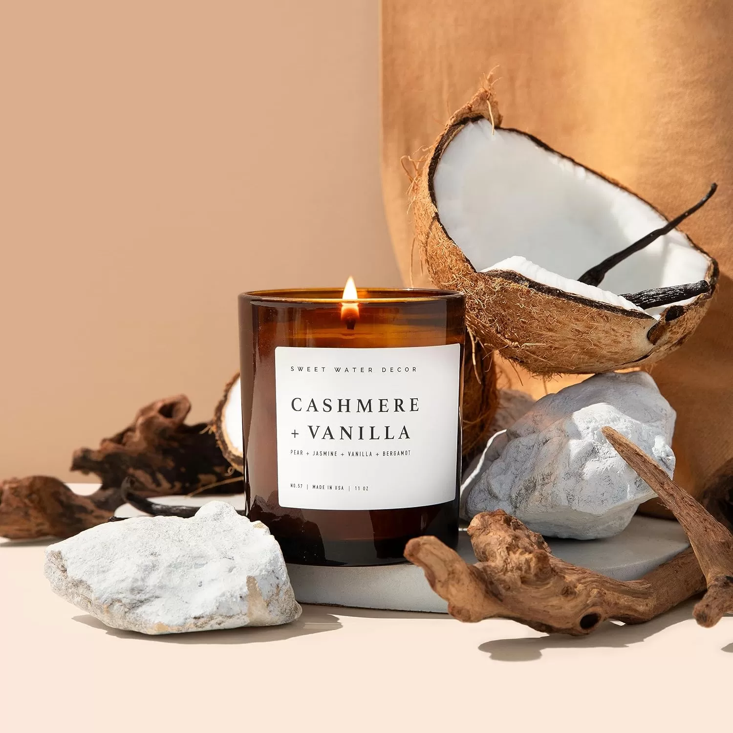 imageSweet Water Decor Farmhouse Candle  Autumn Cinnamon and Nutmeg Fall Scented Soy Candles for Home  11oz White Glass  Wood Lid 50 Hour Burn Time Made in the USAAmber