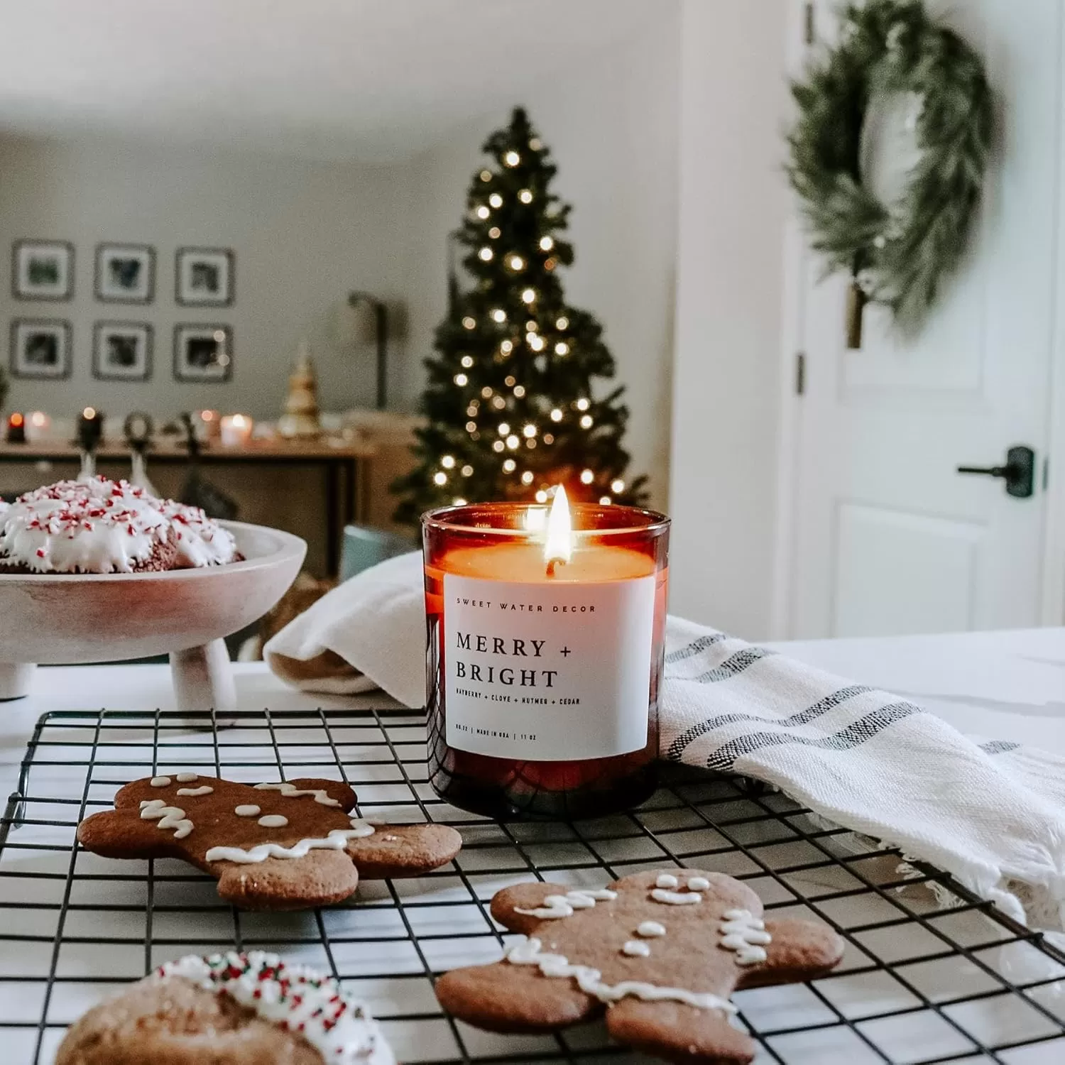 imageSweet Water Decor Farmhouse Candle  Autumn Cinnamon and Nutmeg Fall Scented Soy Candles for Home  11oz White Glass  Wood Lid 50 Hour Burn Time Made in the USAAmber