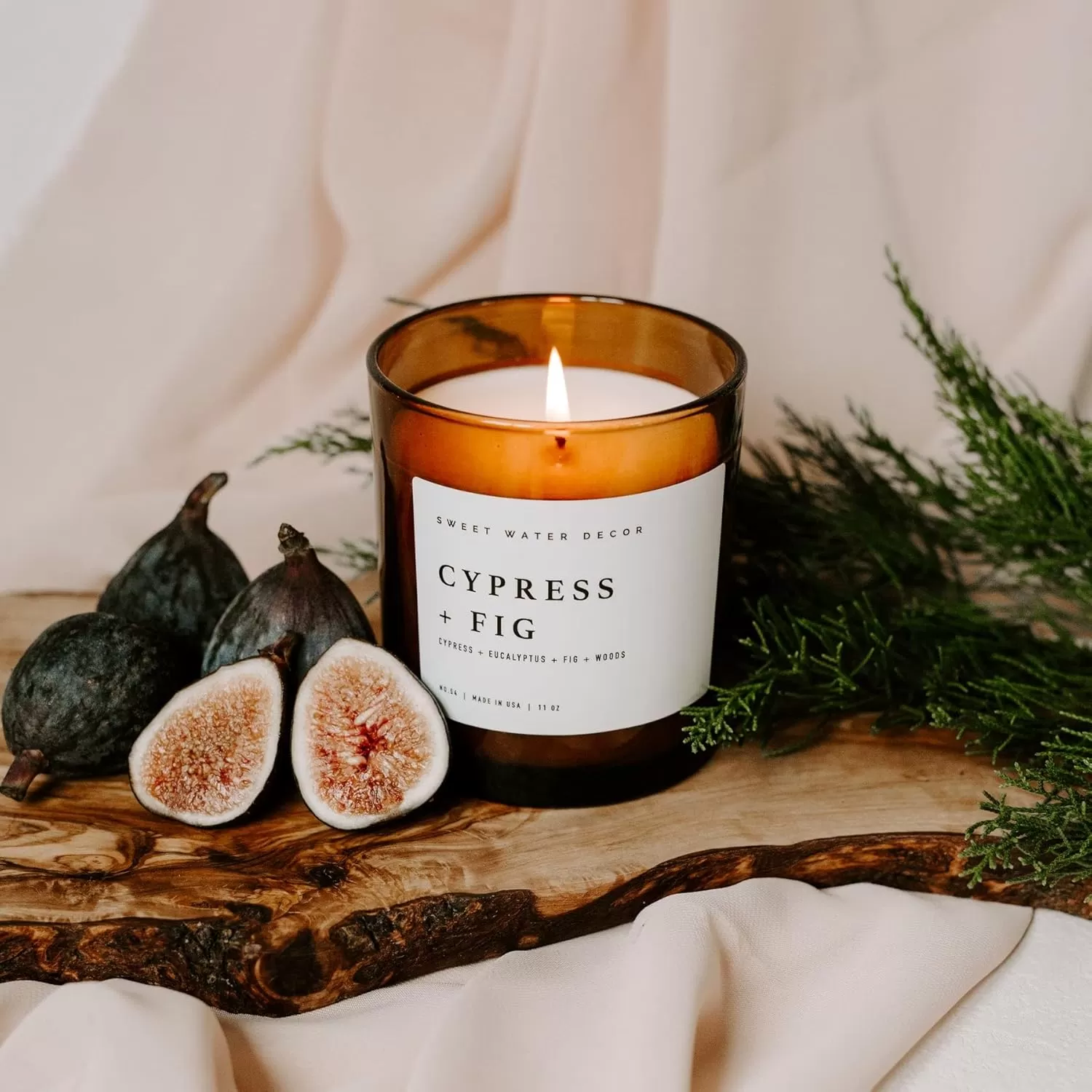 imageSweet Water Decor Farmhouse Candle  Autumn Cinnamon and Nutmeg Fall Scented Soy Candles for Home  11oz White Glass  Wood Lid 50 Hour Burn Time Made in the USAAmber