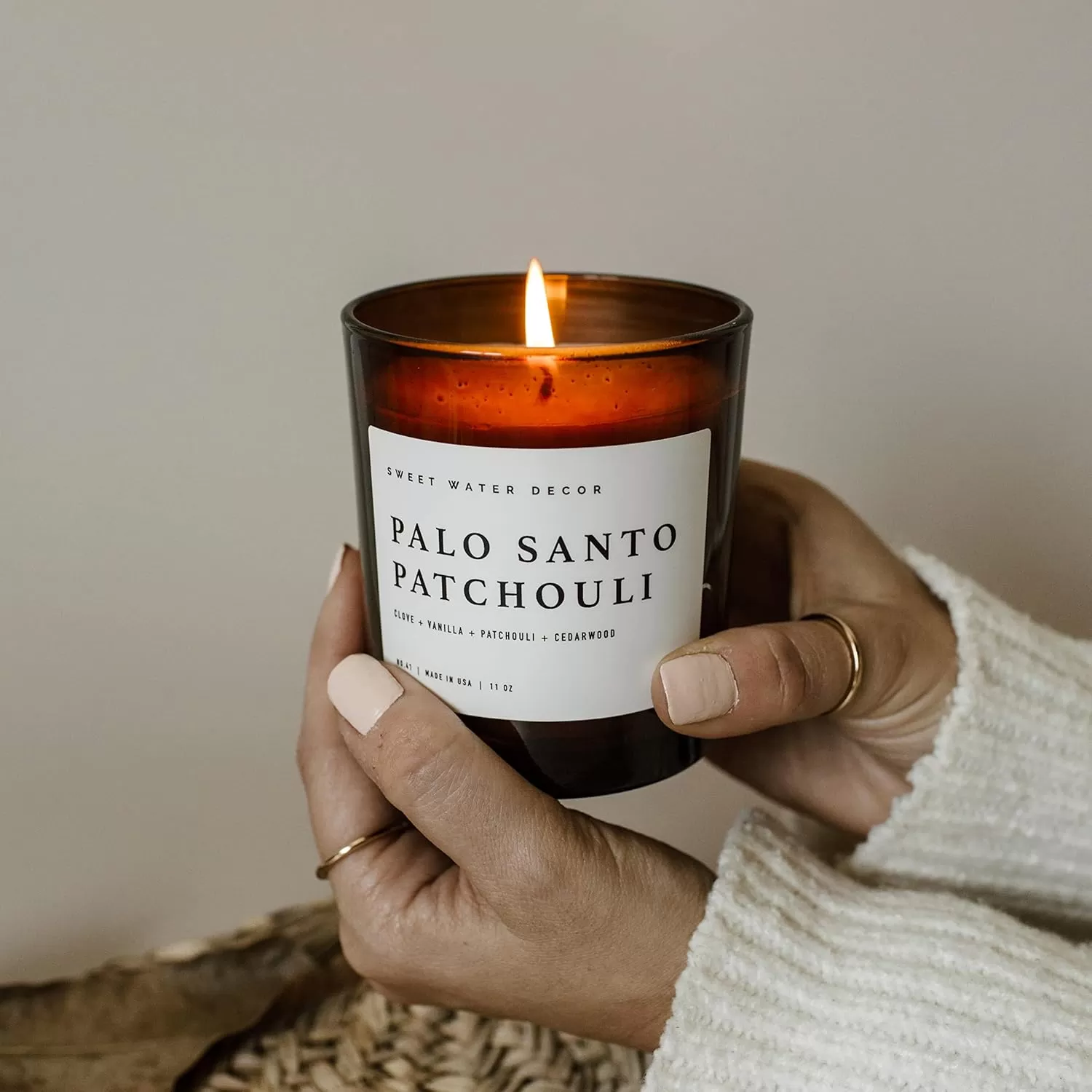 imageSweet Water Decor Farmhouse Candle  Autumn Cinnamon and Nutmeg Fall Scented Soy Candles for Home  11oz White Glass  Wood Lid 50 Hour Burn Time Made in the USAAmber