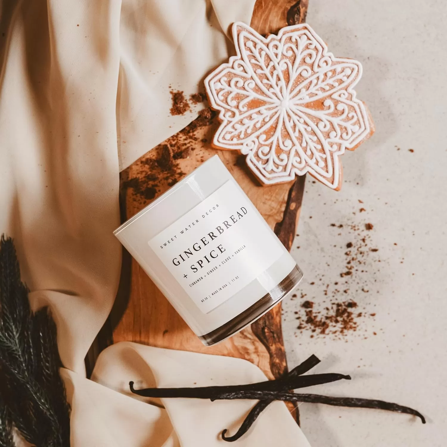imageSweet Water Decor Farmhouse Candle  Autumn Cinnamon and Nutmeg Fall Scented Soy Candles for Home  11oz White Glass  Wood Lid 50 Hour Burn Time Made in the USAWhite