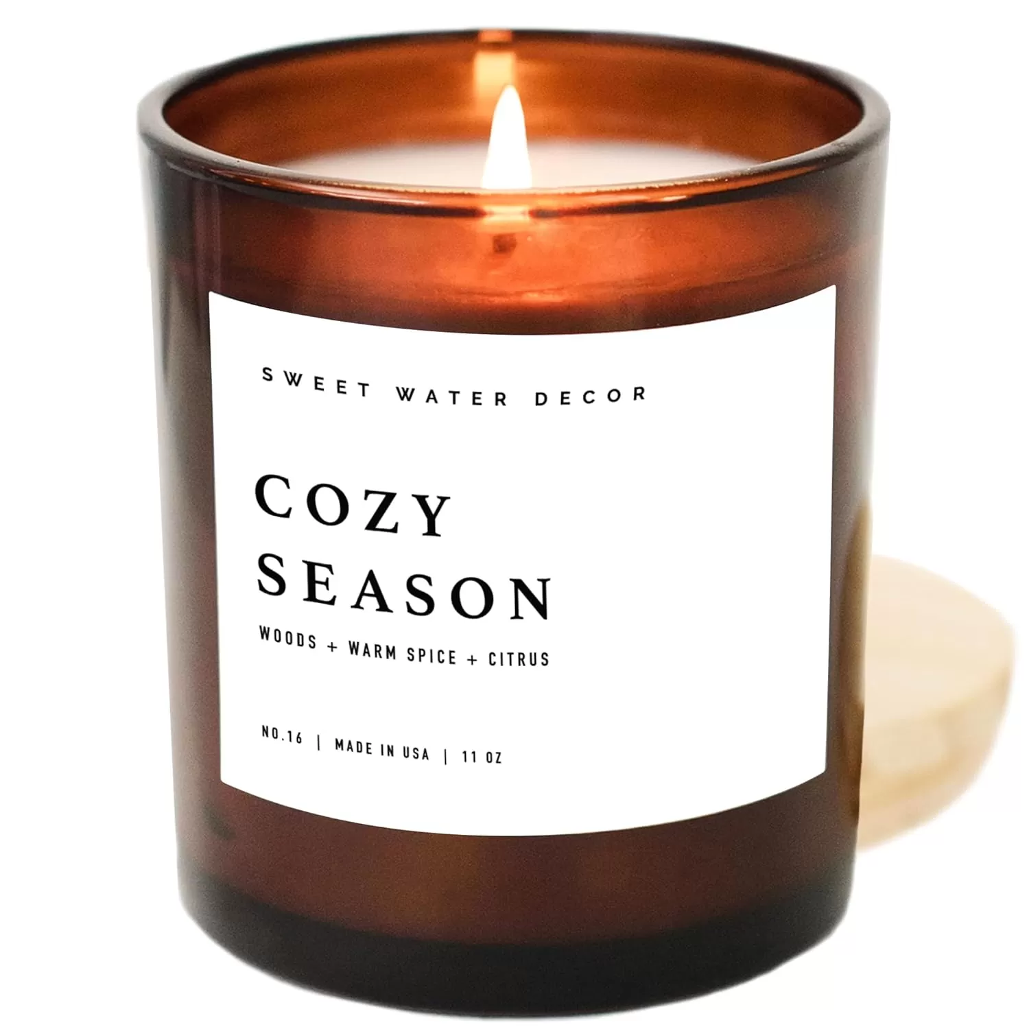 imageSweet Water Decor Farmhouse Candle  Autumn Cinnamon and Nutmeg Fall Scented Soy Candles for Home  11oz White Glass  Wood Lid 50 Hour Burn Time Made in the USAAmber