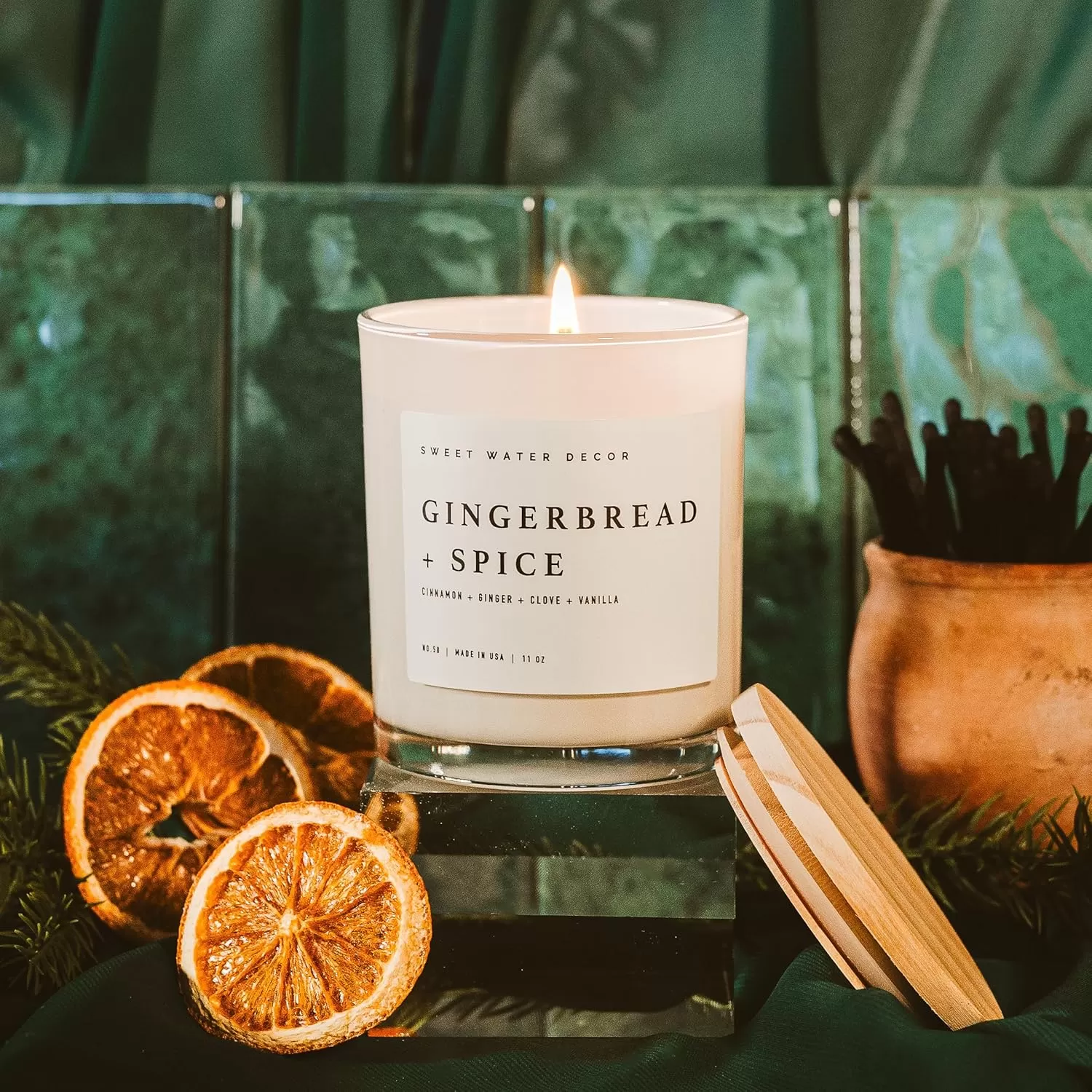 imageSweet Water Decor Farmhouse Candle  Autumn Cinnamon and Nutmeg Fall Scented Soy Candles for Home  11oz White Glass  Wood Lid 50 Hour Burn Time Made in the USAWhite