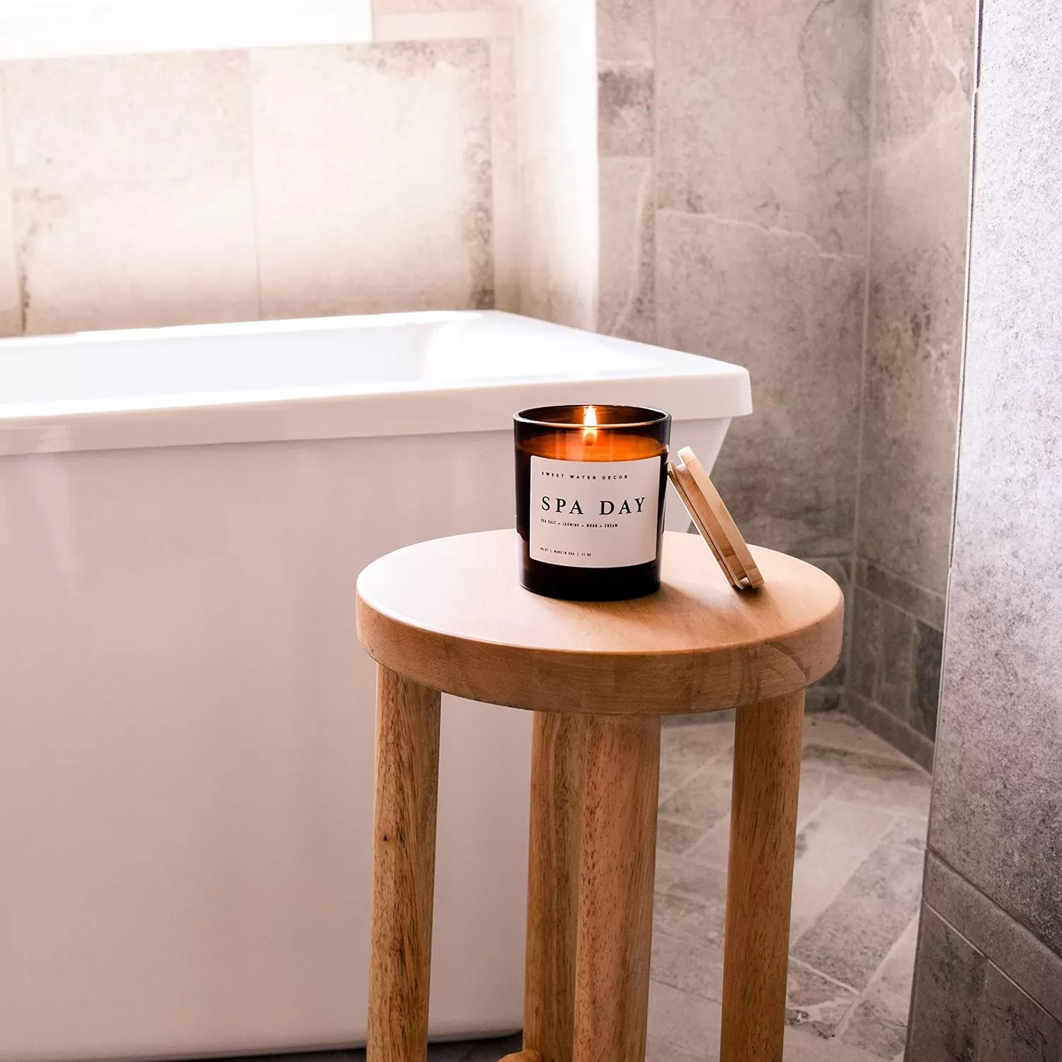 imageSweet Water Decor Farmhouse Candle  Autumn Cinnamon and Nutmeg Fall Scented Soy Candles for Home  11oz White Glass  Wood Lid 50 Hour Burn Time Made in the USAAmber