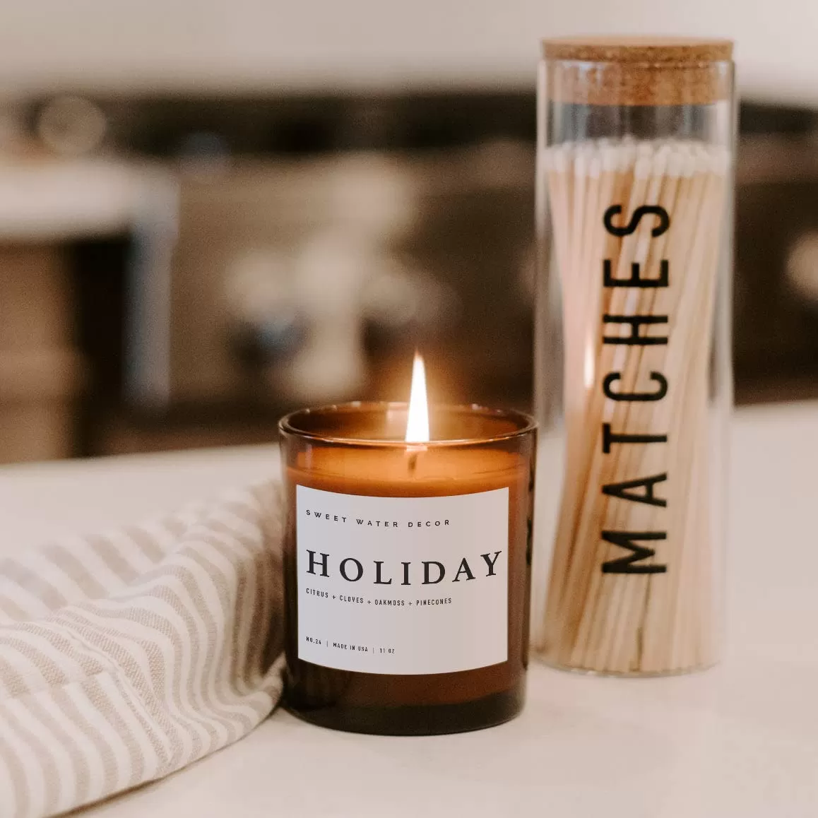 imageSweet Water Decor Farmhouse Candle  Autumn Cinnamon and Nutmeg Fall Scented Soy Candles for Home  11oz White Glass  Wood Lid 50 Hour Burn Time Made in the USAAmber