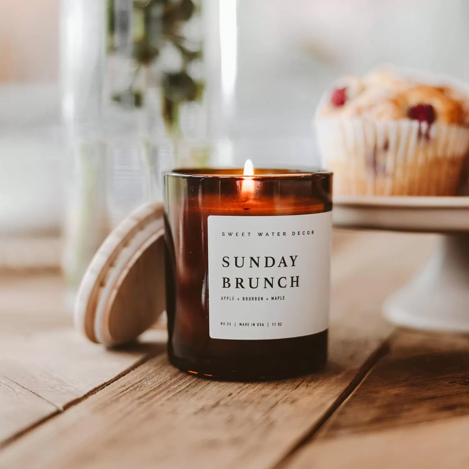 imageSweet Water Decor Farmhouse Candle  Autumn Cinnamon and Nutmeg Fall Scented Soy Candles for Home  11oz White Glass  Wood Lid 50 Hour Burn Time Made in the USAAmber