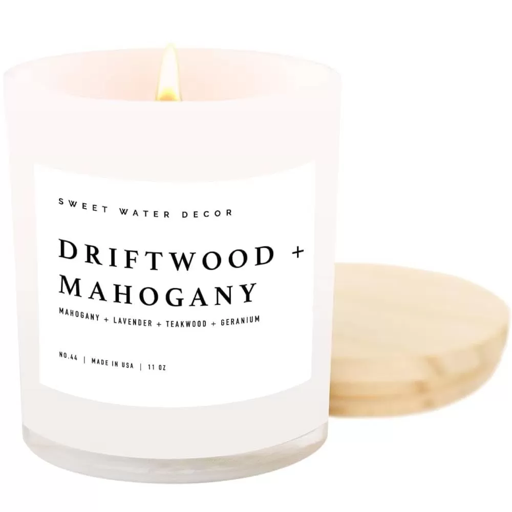 imageSweet Water Decor Farmhouse Candle  Autumn Cinnamon and Nutmeg Fall Scented Soy Candles for Home  11oz White Glass  Wood Lid 50 Hour Burn Time Made in the USAWhite