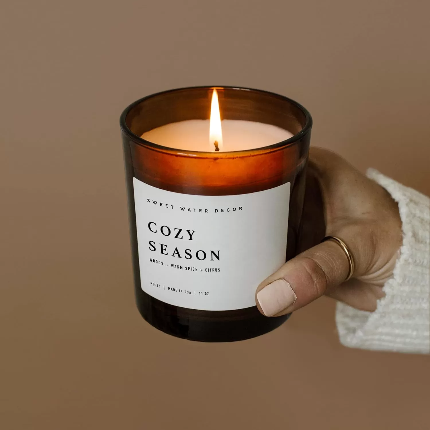 imageSweet Water Decor Farmhouse Candle  Autumn Cinnamon and Nutmeg Fall Scented Soy Candles for Home  11oz White Glass  Wood Lid 50 Hour Burn Time Made in the USAAmber