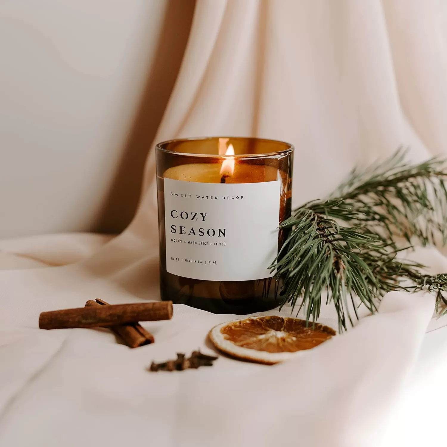 imageSweet Water Decor Farmhouse Candle  Autumn Cinnamon and Nutmeg Fall Scented Soy Candles for Home  11oz White Glass  Wood Lid 50 Hour Burn Time Made in the USAAmber