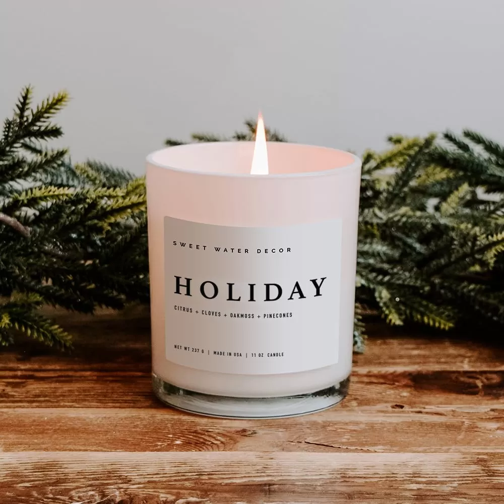 imageSweet Water Decor Farmhouse Candle  Autumn Cinnamon and Nutmeg Fall Scented Soy Candles for Home  11oz White Glass  Wood Lid 50 Hour Burn Time Made in the USAWhite