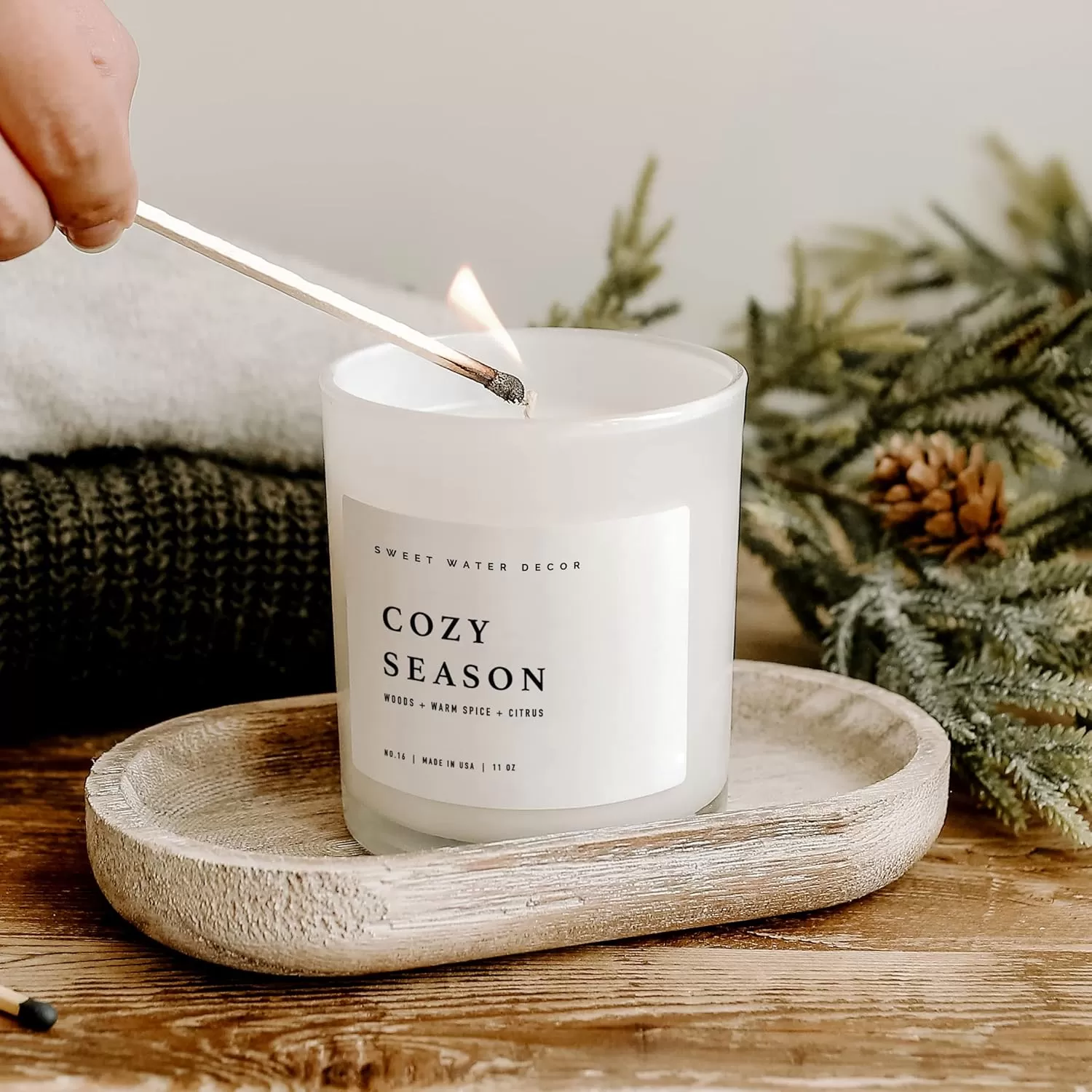 imageSweet Water Decor Farmhouse Candle  Autumn Cinnamon and Nutmeg Fall Scented Soy Candles for Home  11oz White Glass  Wood Lid 50 Hour Burn Time Made in the USAWhite