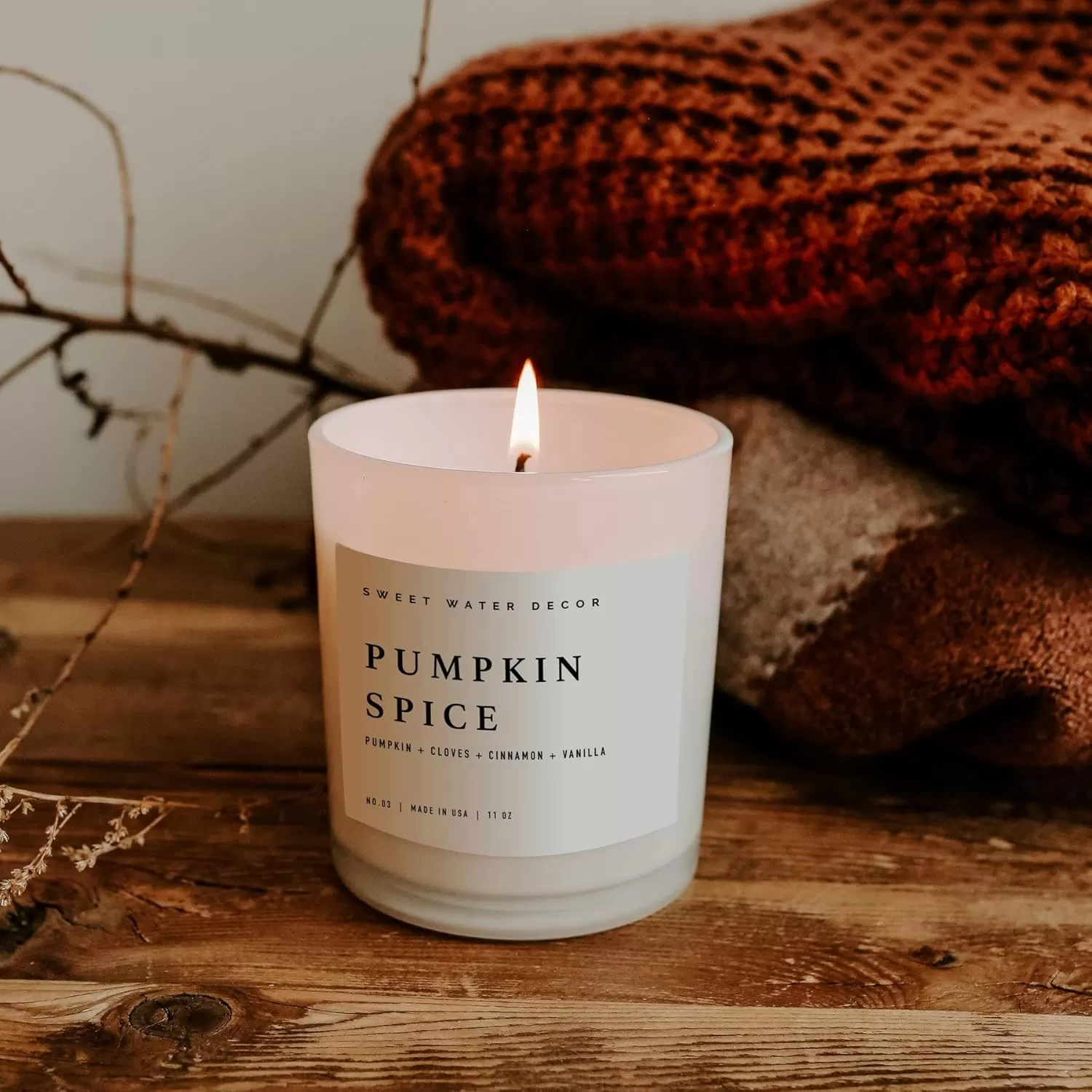 imageSweet Water Decor Farmhouse Candle  Autumn Cinnamon and Nutmeg Fall Scented Soy Candles for Home  11oz White Glass  Wood Lid 50 Hour Burn Time Made in the USAWhite