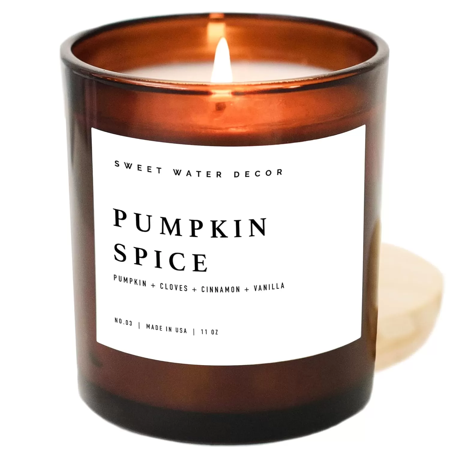 imageSweet Water Decor Farmhouse Candle  Autumn Cinnamon and Nutmeg Fall Scented Soy Candles for Home  11oz White Glass  Wood Lid 50 Hour Burn Time Made in the USAAmber