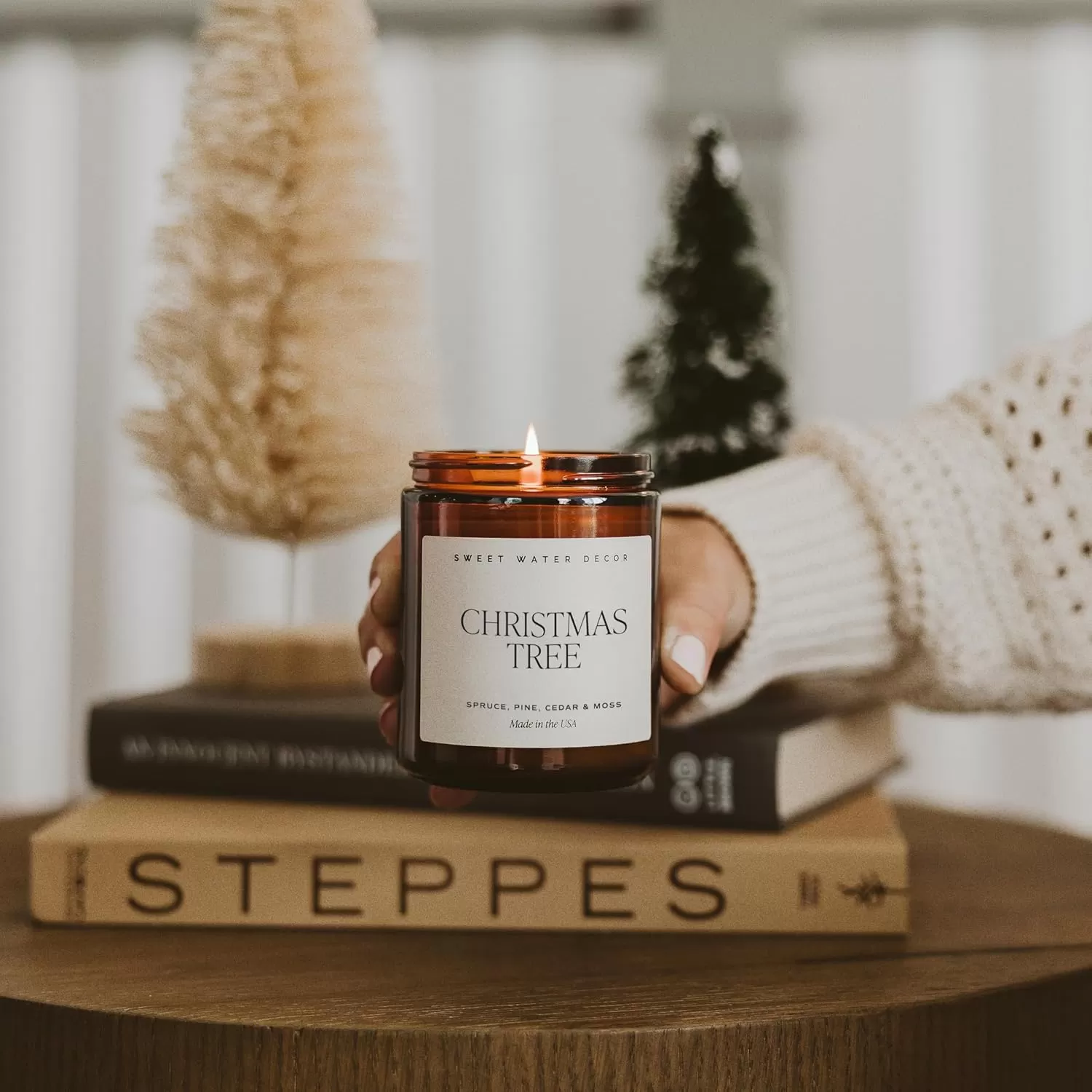 imageSweet Water Decor Island Air Soy Candle  Tropical Fruit Mountain Air and Orange Scented Summer Candles for Home  9oz Amber Jar  Black Lid 40 Hour Burn Time Made in the USAChristmas Tree