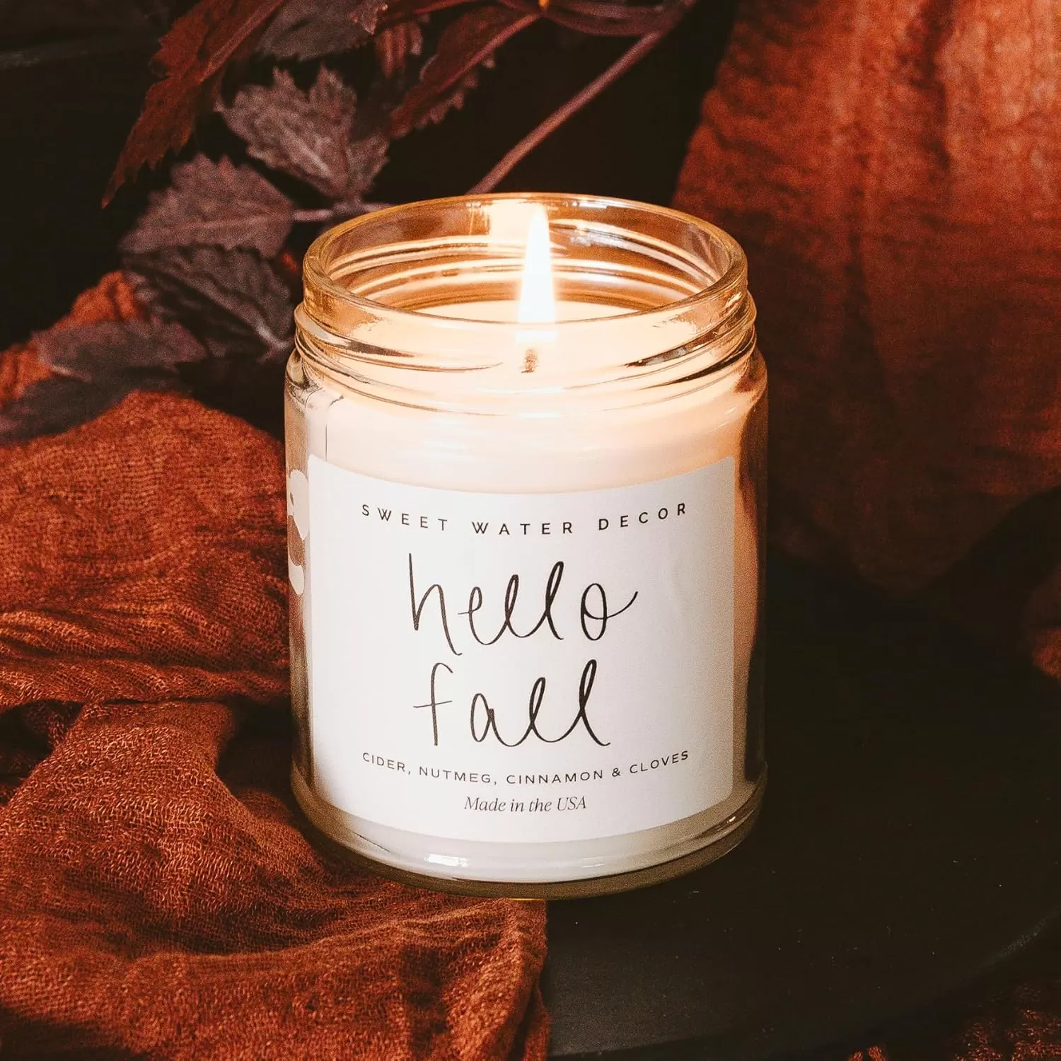 imageSweet Water Decor Leaves Candle  Autumn Cinnamon Apple Fall Scented Soy Candles for Home  9oz Clear Jar 40 Hour Burn Time Made in the USAHello Fall