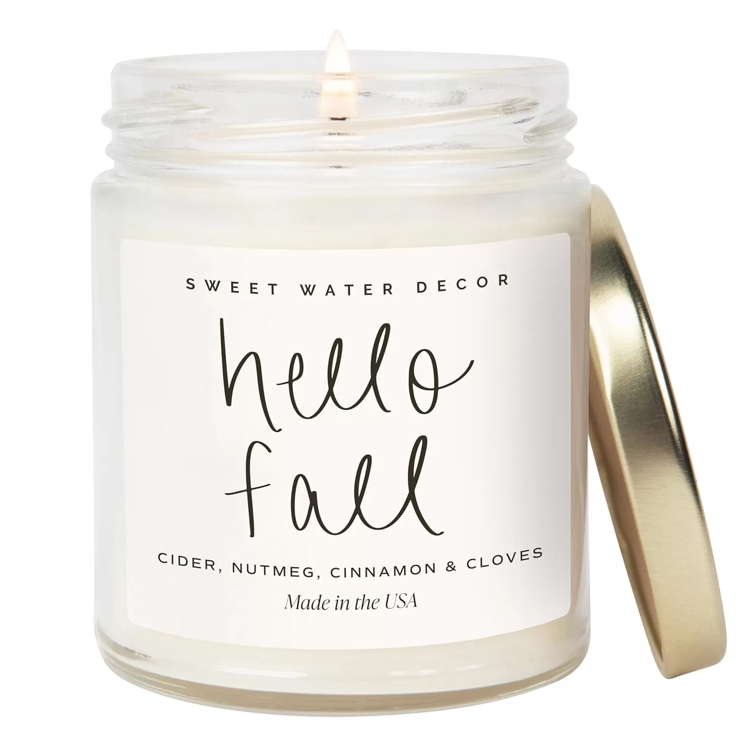 imageSweet Water Decor Leaves Candle  Autumn Cinnamon Apple Fall Scented Soy Candles for Home  9oz Clear Jar 40 Hour Burn Time Made in the USAHello Fall