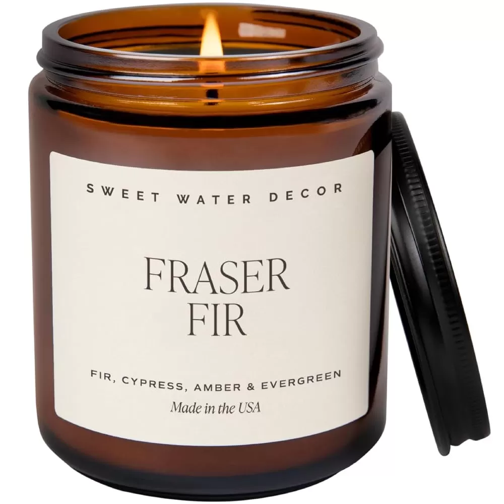 imageSweet Water Decor Palo Santo Patchouli Candle  Vanilla Musk Sandalwood Patchouli Scented Soy Candles for Home  Gifts for Women Men Housewarming  9oz Amber Jar 40 Hour Burn TimeFraser Fir