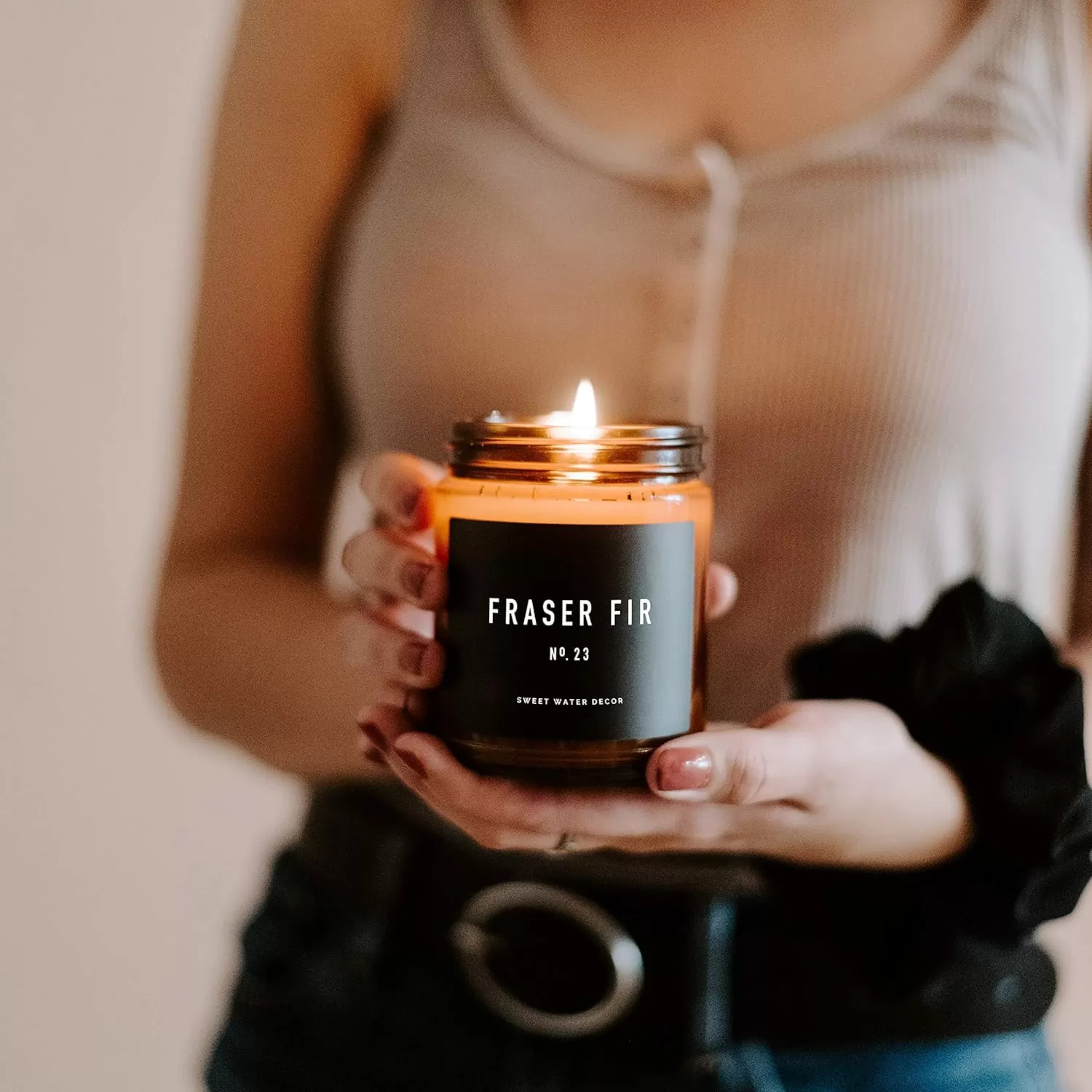 imageSweet Water Decor Palo Santo Patchouli Candle  Vanilla Musk Sandalwood Patchouli Scented Soy Candles for Home  Gifts for Women Men Housewarming  9oz Amber Jar 40 Hour Burn TimeFraser Fir