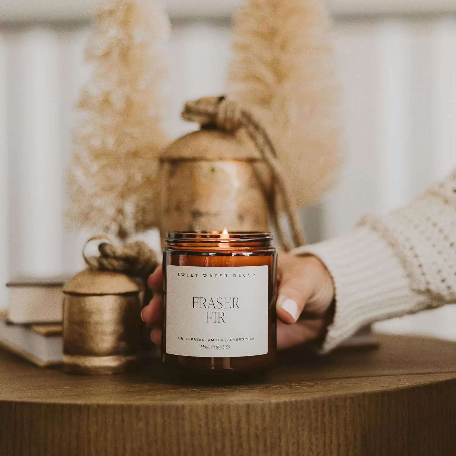 imageSweet Water Decor Palo Santo Patchouli Candle  Vanilla Musk Sandalwood Patchouli Scented Soy Candles for Home  Gifts for Women Men Housewarming  9oz Amber Jar 40 Hour Burn TimeFraser Fir