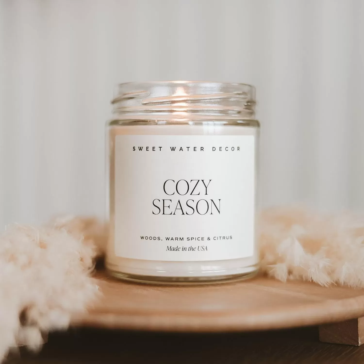 imageSweet Water Decor Relaxation Soy Candle  Eucalyptus Peppermint and Clove Scented Candles for Home  9oz Clear Jar  Gold Lid 40 Hour Burn Time Made in the USACozy Season