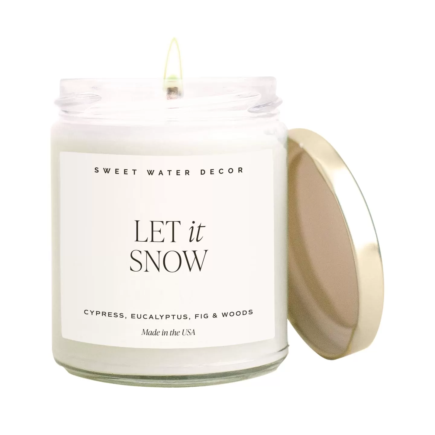 imageSweet Water Decor Relaxation Soy Candle  Eucalyptus Peppermint and Clove Scented Candles for Home  9oz Clear Jar  Gold Lid 40 Hour Burn Time Made in the USALet It Snow