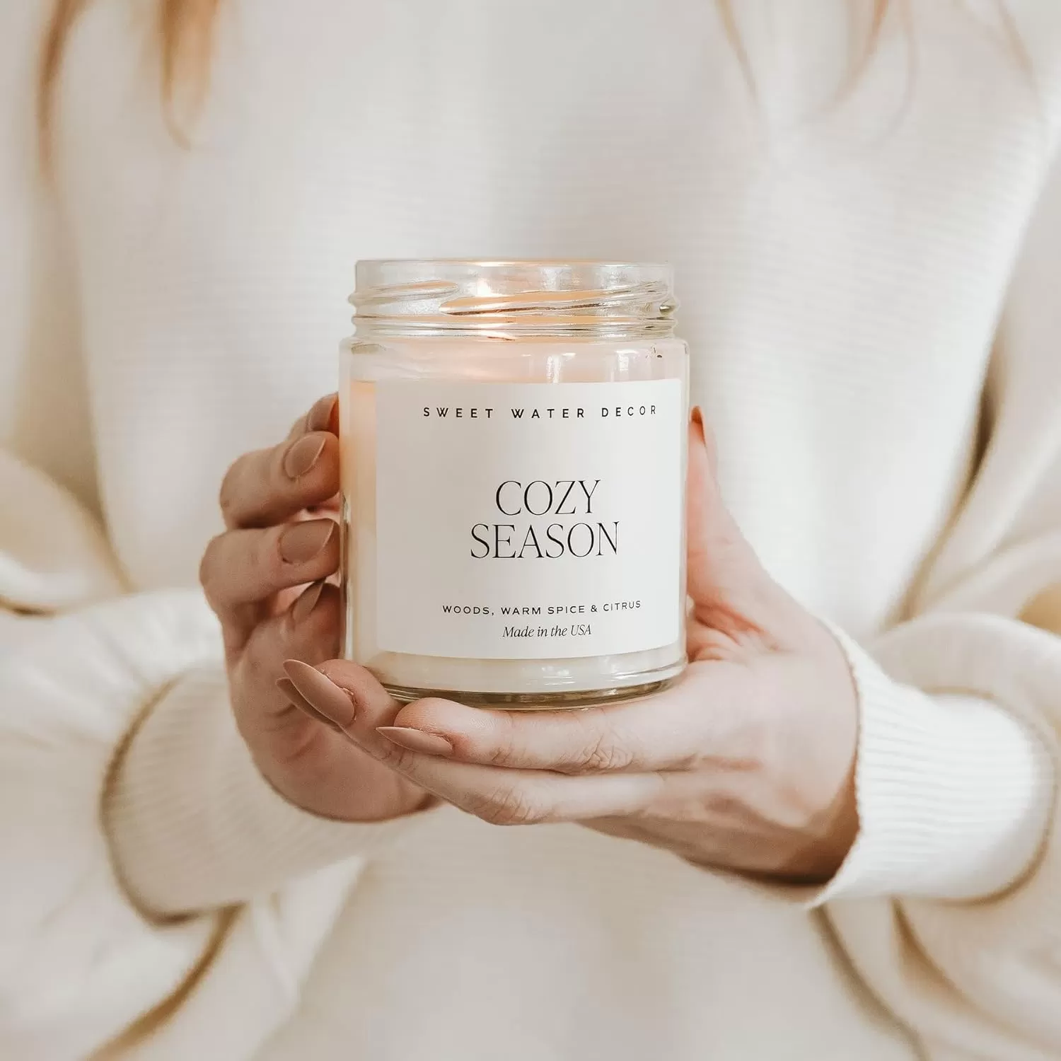 imageSweet Water Decor Relaxation Soy Candle  Eucalyptus Peppermint and Clove Scented Candles for Home  9oz Clear Jar  Gold Lid 40 Hour Burn Time Made in the USACozy Season