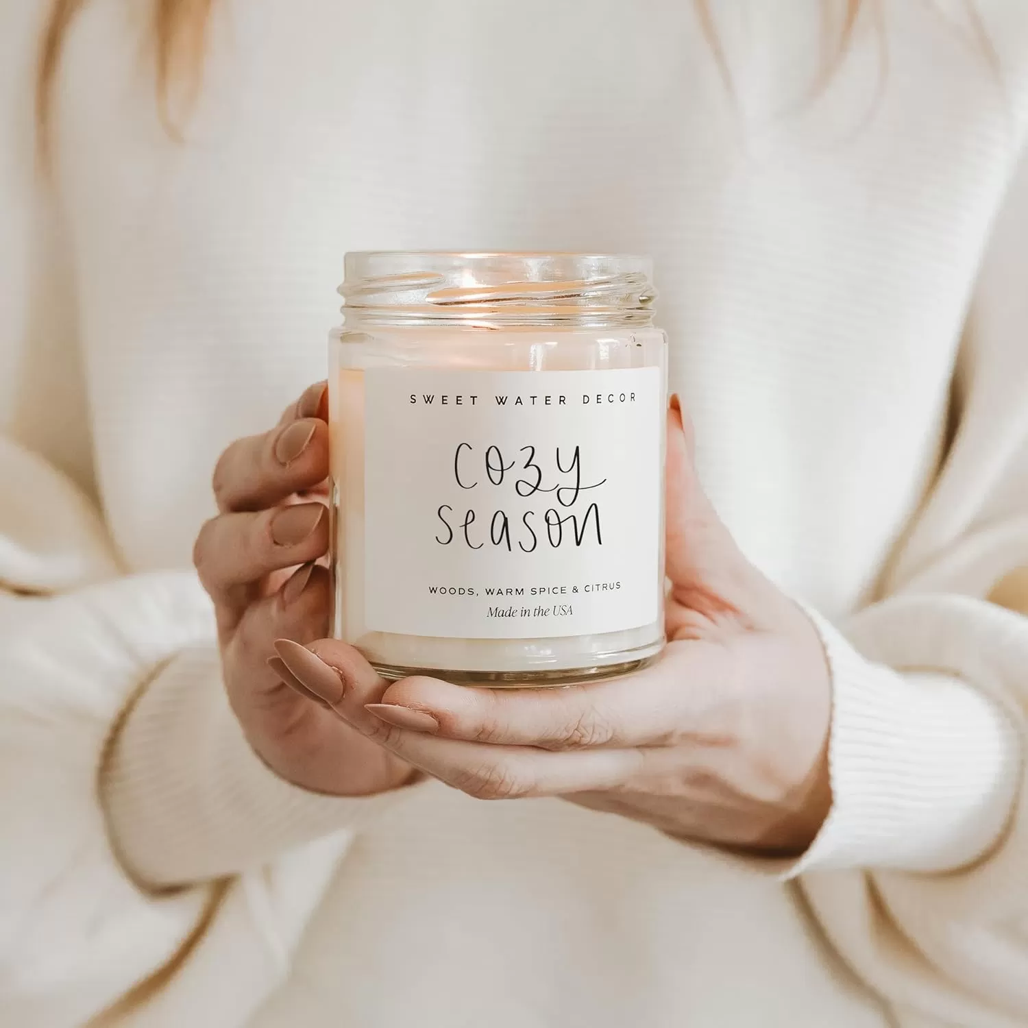 imageSweet Water Decor Relaxation Soy Candle  Eucalyptus Peppermint and Clove Scented Candles for Home  9oz Clear Jar  Gold Lid 40 Hour Burn Time Made in the USACozy Season