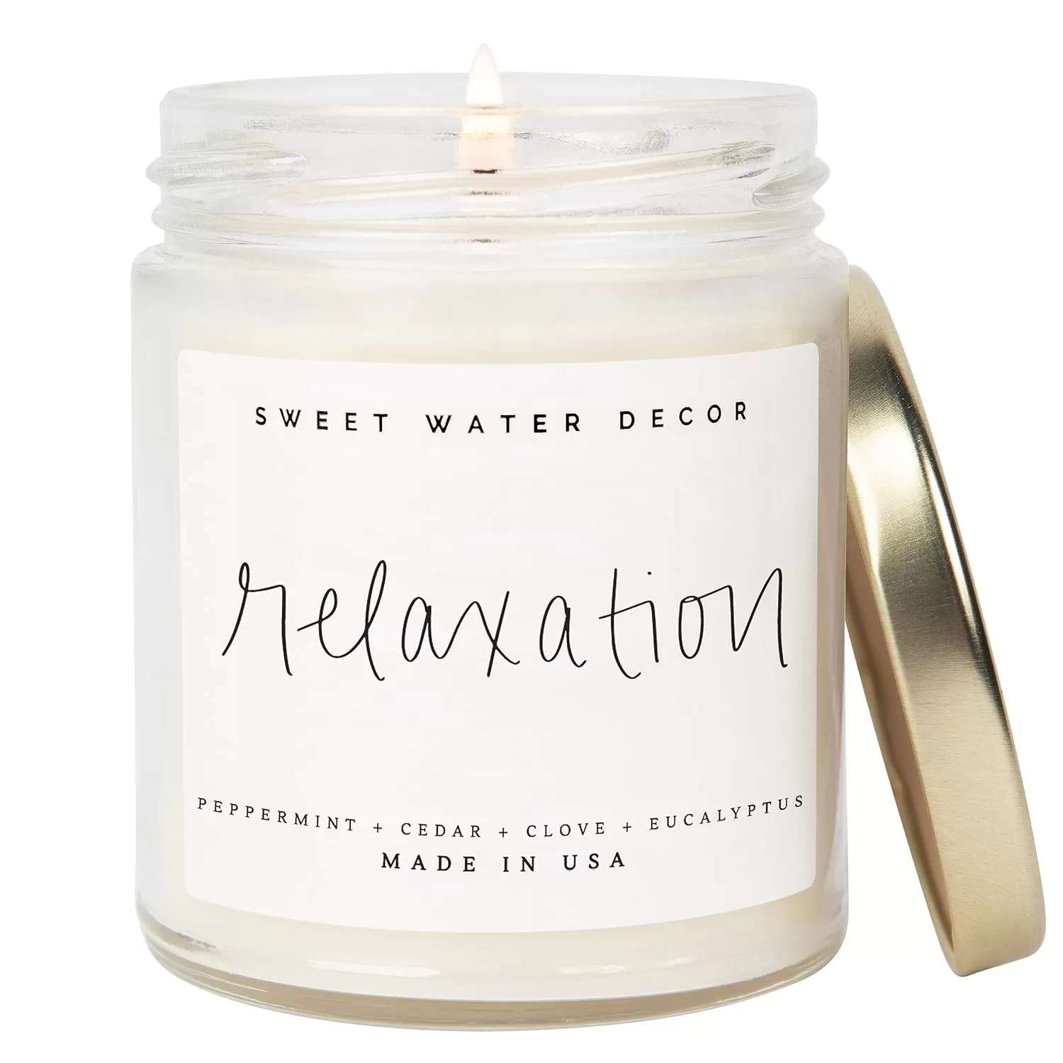 imageSweet Water Decor Relaxation Soy Candle  Eucalyptus Peppermint and Clove Scented Candles for Home  9oz Clear Jar  Gold Lid 40 Hour Burn Time Made in the USARelaxation