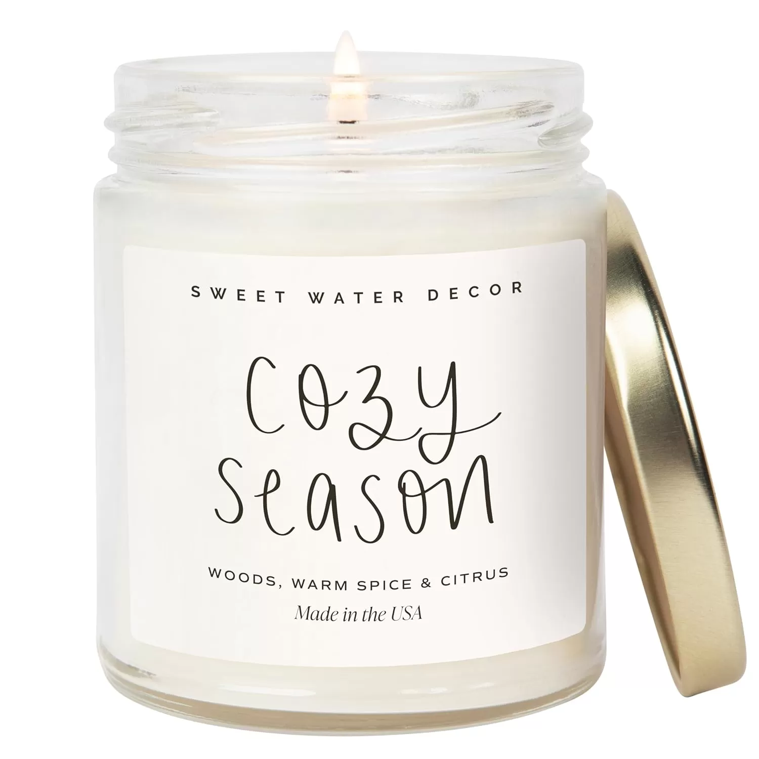 imageSweet Water Decor Relaxation Soy Candle  Eucalyptus Peppermint and Clove Scented Candles for Home  9oz Clear Jar  Gold Lid 40 Hour Burn Time Made in the USACozy Season