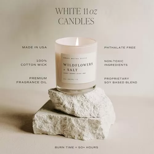 imageSweet Water Decor Salt  Sea Candle  Sea Salt Citrus Amber Musk Beach Scented Soy Candles for Home  11oz Amber Jar Candle  Wood Lid 50 Hour Burn Time Made in the USAWhite