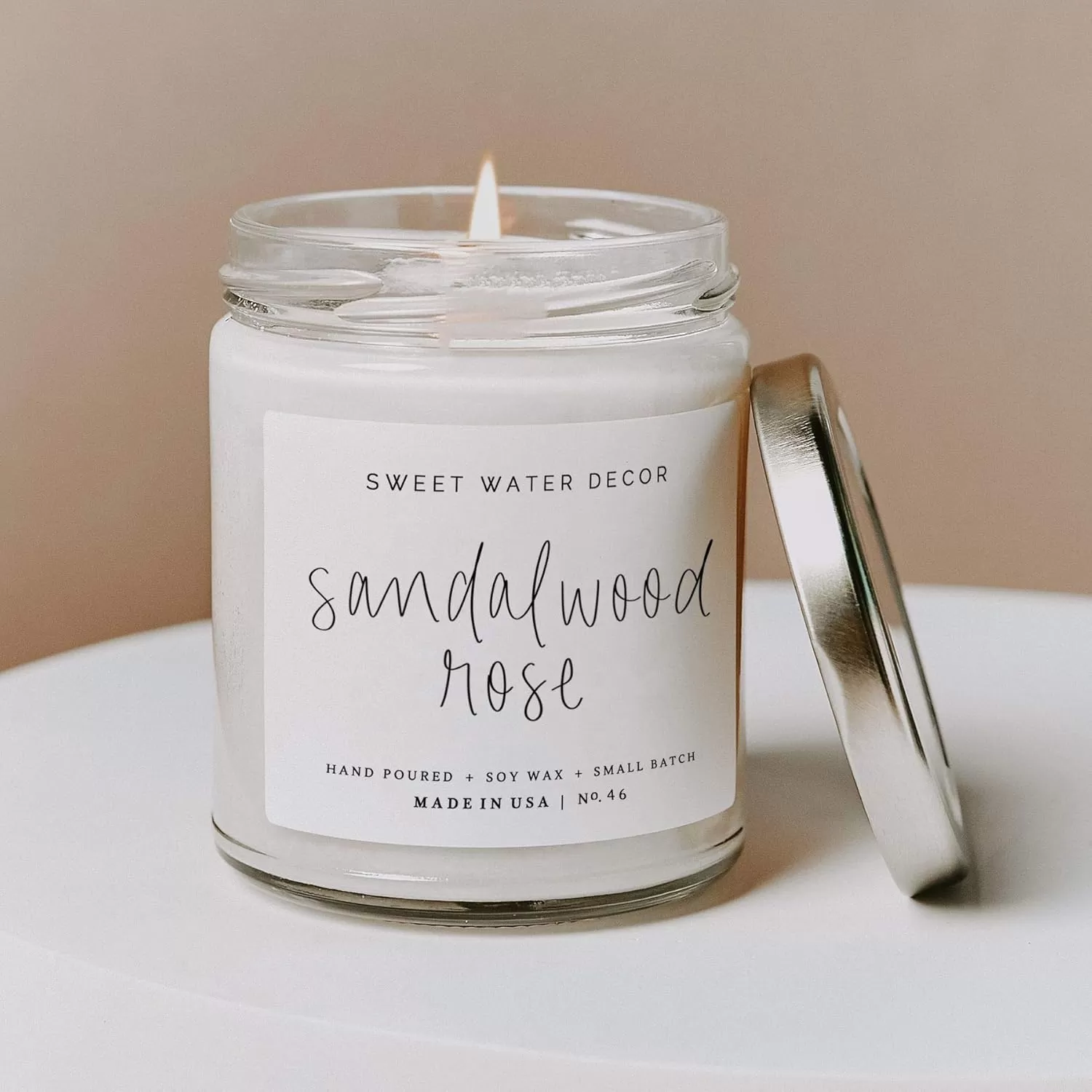 imageSweet Water Decor Spa Day Soy Candle  Sea Salt Jasmine Wood and Cream Scented Candles for Home  9oz Clear Jar  Gold Lid 40 Hour Burn Time Made in the USASandalwood Rose