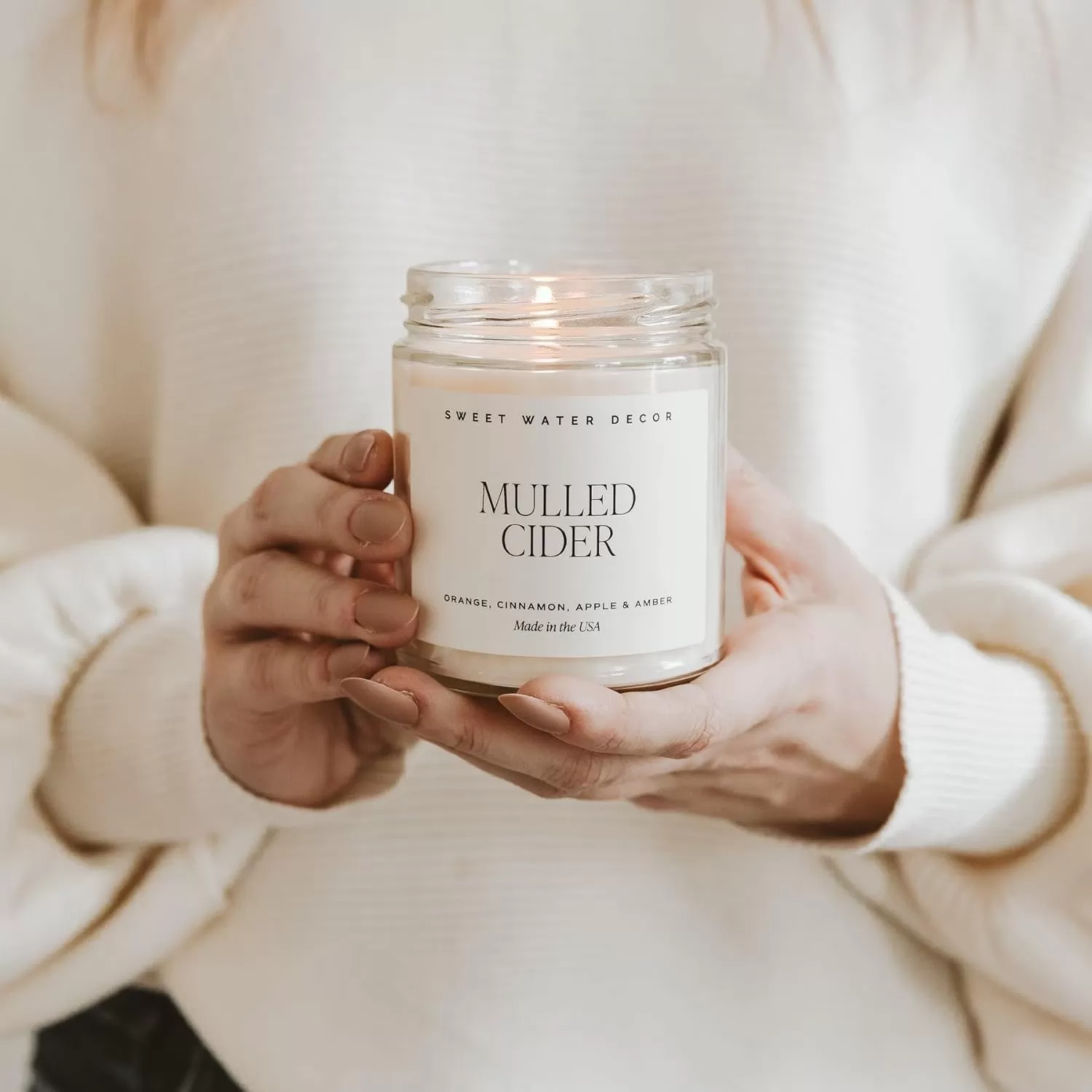 imageSweet Water Decor Spa Day Soy Candle  Sea Salt Jasmine Wood and Cream Scented Candles for Home  9oz Clear Jar  Gold Lid 40 Hour Burn Time Made in the USAMulled Cider