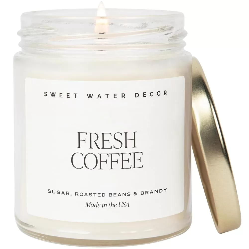 imageSweet Water Decor Spa Day Soy Candle  Sea Salt Jasmine Wood and Cream Scented Candles for Home  9oz Clear Jar  Gold Lid 40 Hour Burn Time Made in the USAFresh Coffee